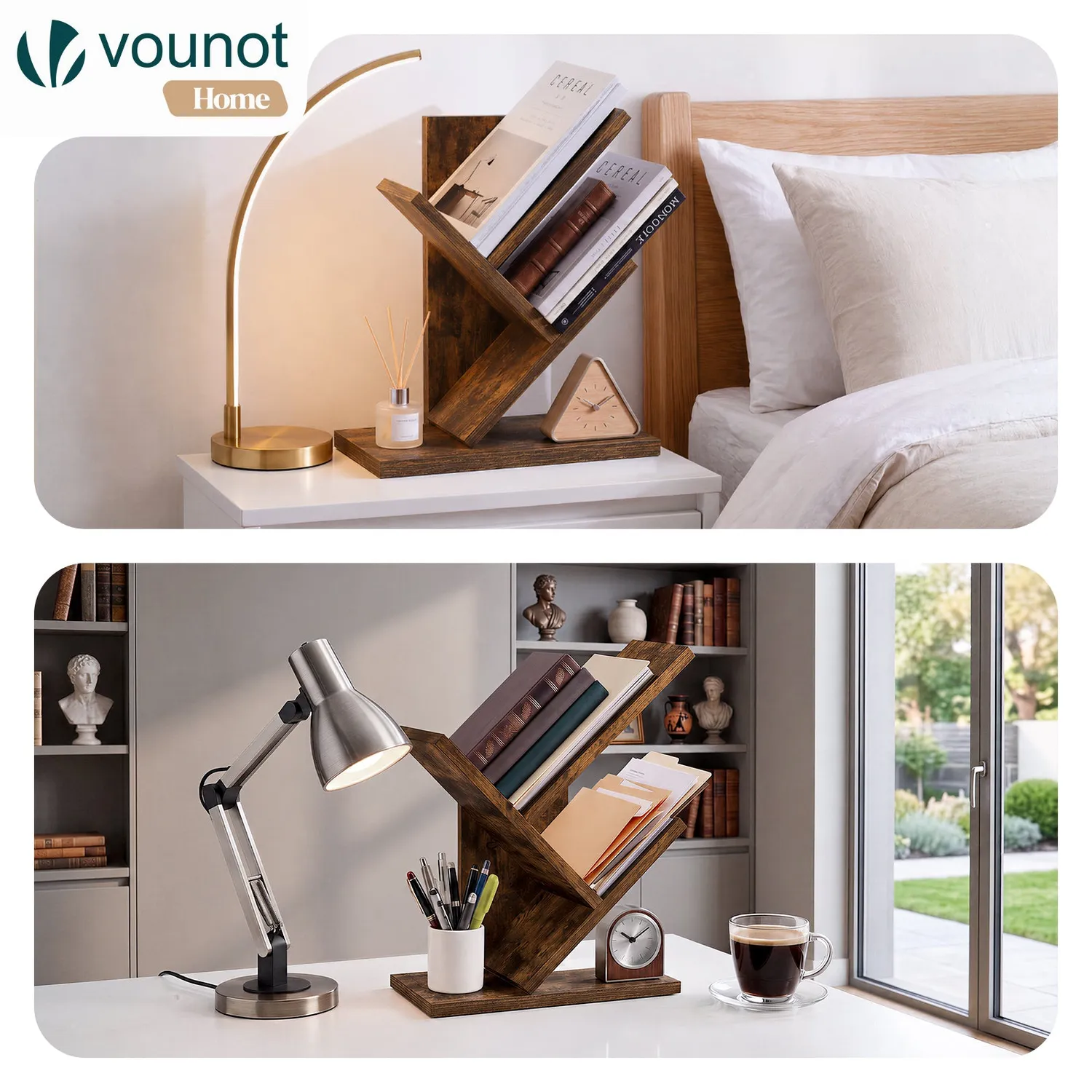 VOUNOT Mini libreria albero 2 ripiani 30x16x40,5cm marrone MDF