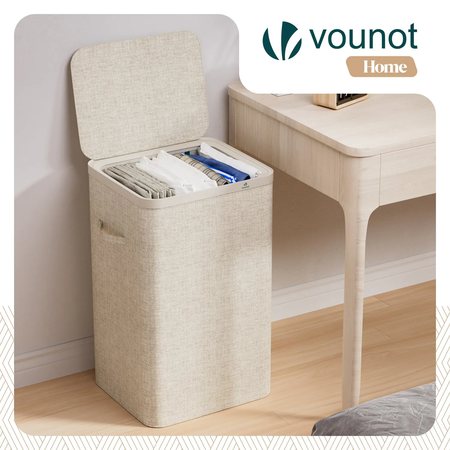 VOUNOT cesto biancheria 90L beige pieghevole coperchio