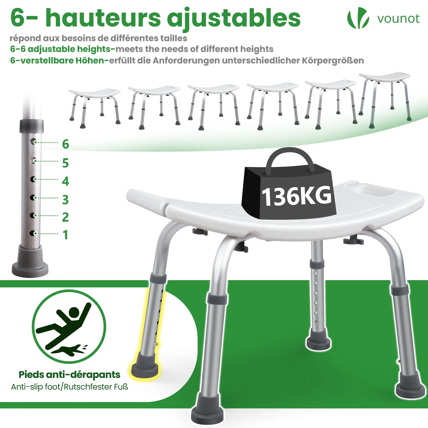 Vounot Sgabello Doccia Regolabile Bianco Alluminio 136kg