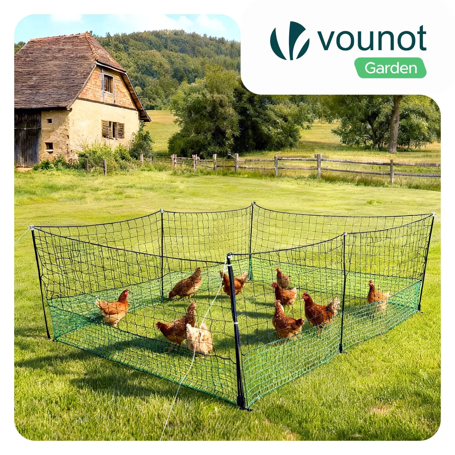 Vounot rete recinto polli PE verde 12 m con picchetti e porta