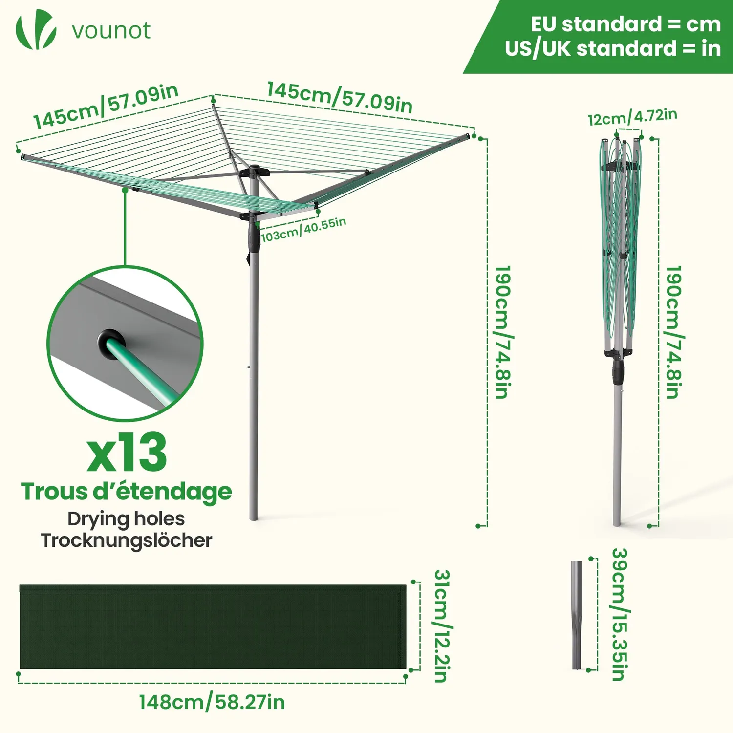 VOUNOT Stendibiancheria rotante esterno 50m verde argento