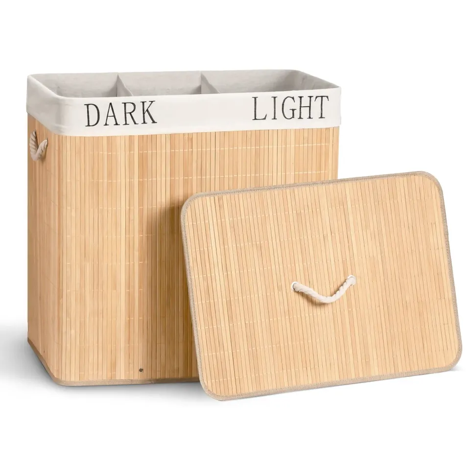 VOUNOT Cesto portabiancheria bambù 150L 60x41x60cm 3 scomparti