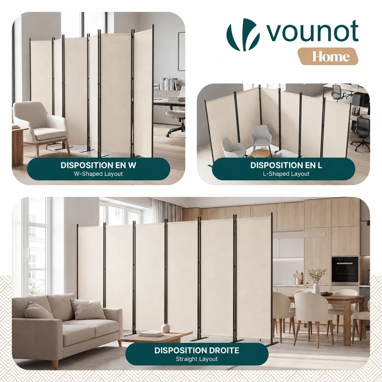 Vounot Paravento 6 Pannelli 340cm Beige Pieghevole