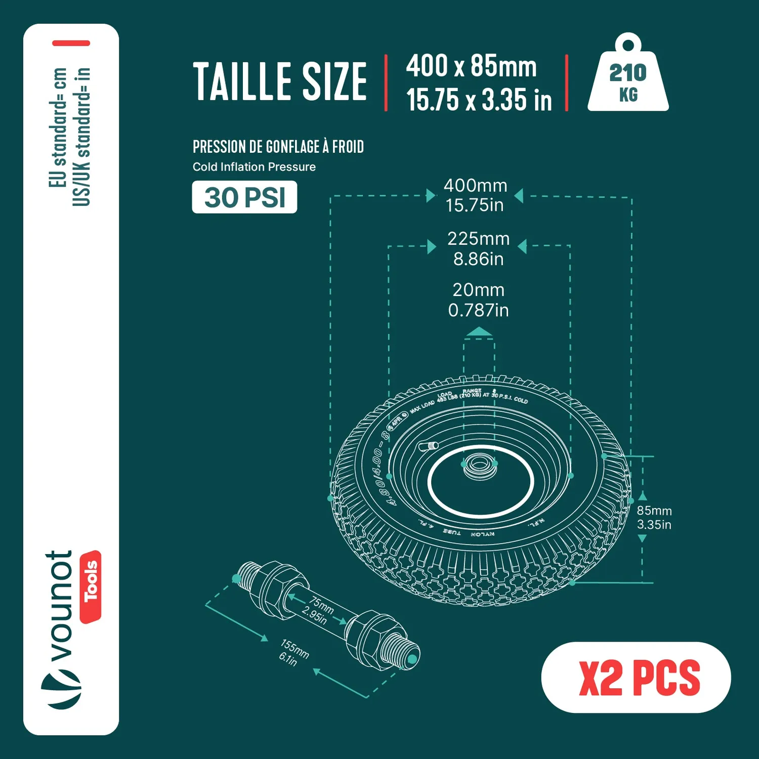 VOUNOT ruota pneumatica carriola rossa 400x85mm 2pz 20mm