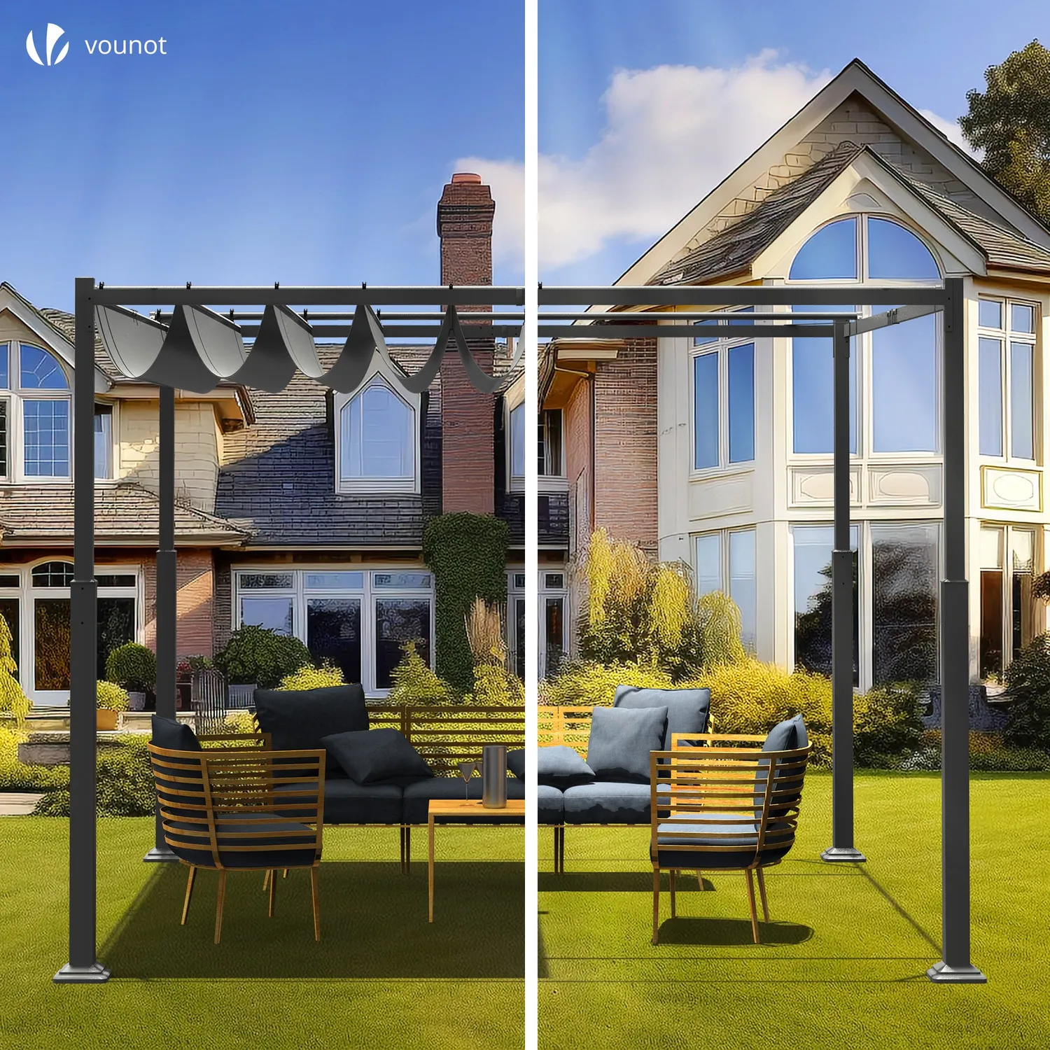 VOUNOT Pergola Retrattile 3x3m Acciaio e Poliestere Grigia