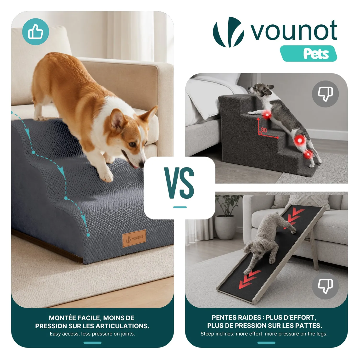 VOUNOT Scaletta per Cani e Gatti 57x40x40 cm Grigia