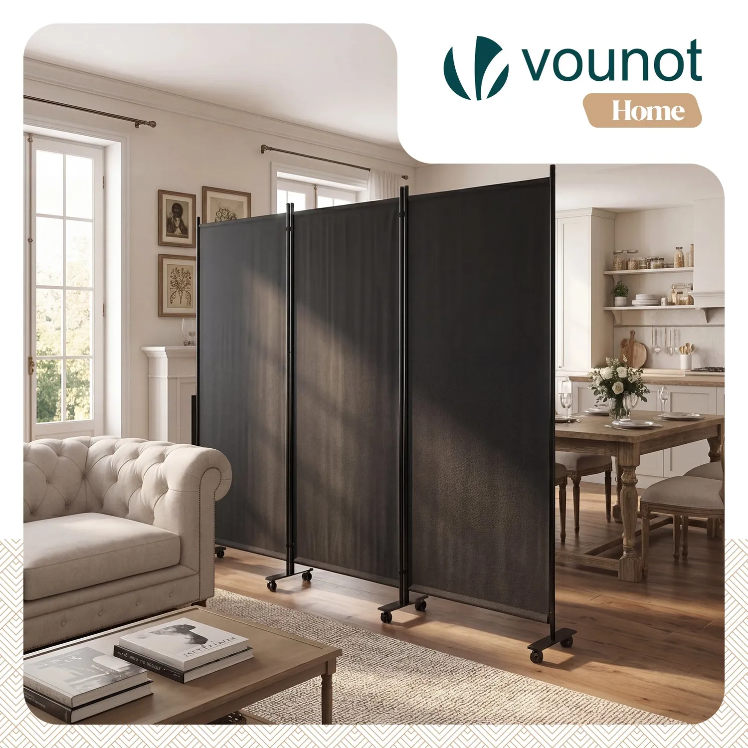 Vounot Paravento Interno 3 Pannelli con Ruote Antracite