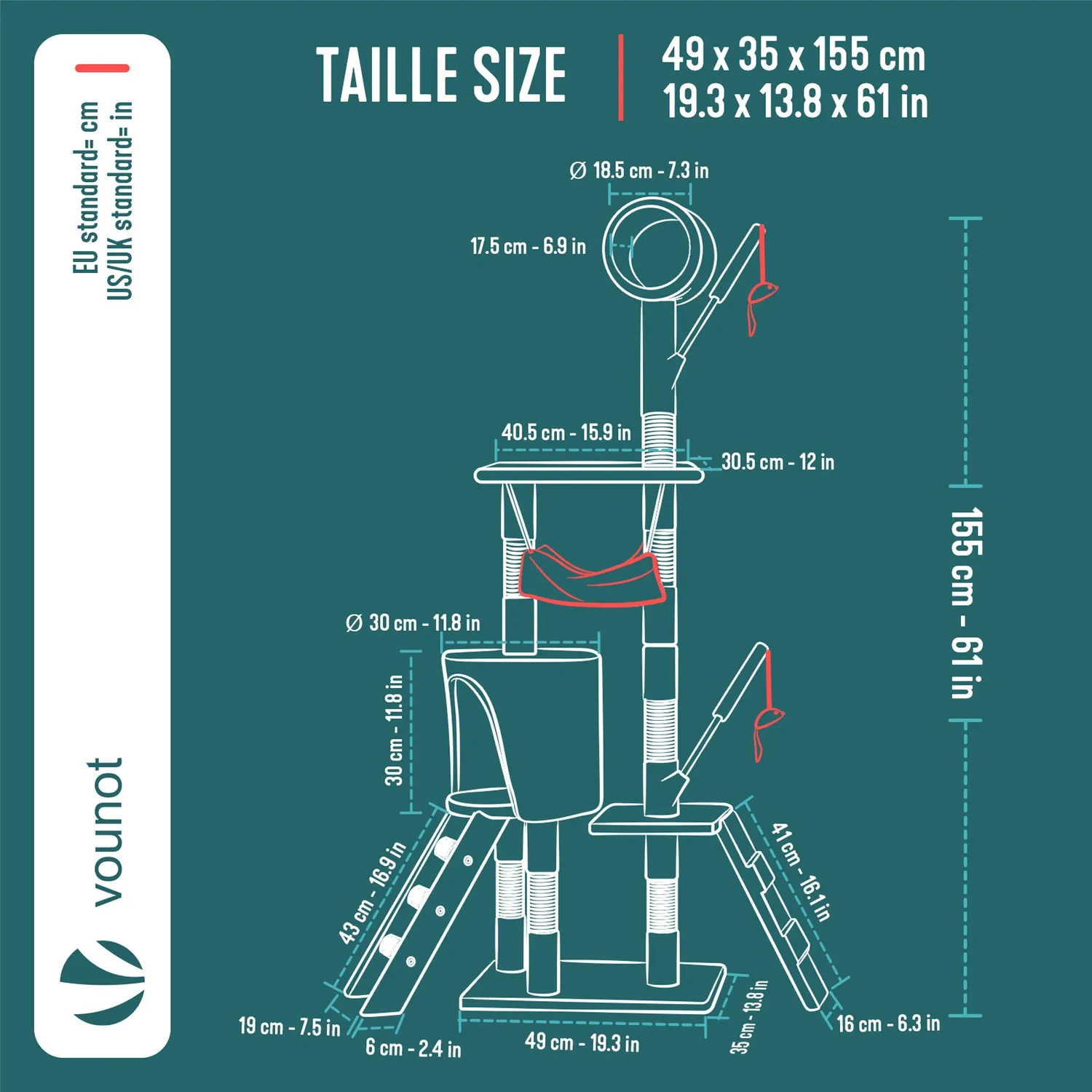VOUNOT Albero Tiragraffi Gatto 155 cm Grigio multipiano