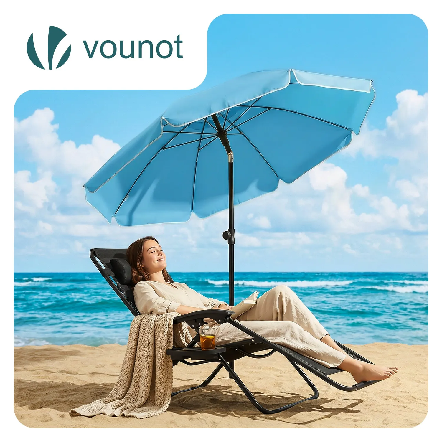 VOUNOT Ombrellone spiaggia 2 m turchese UV50+ con ancoraggio