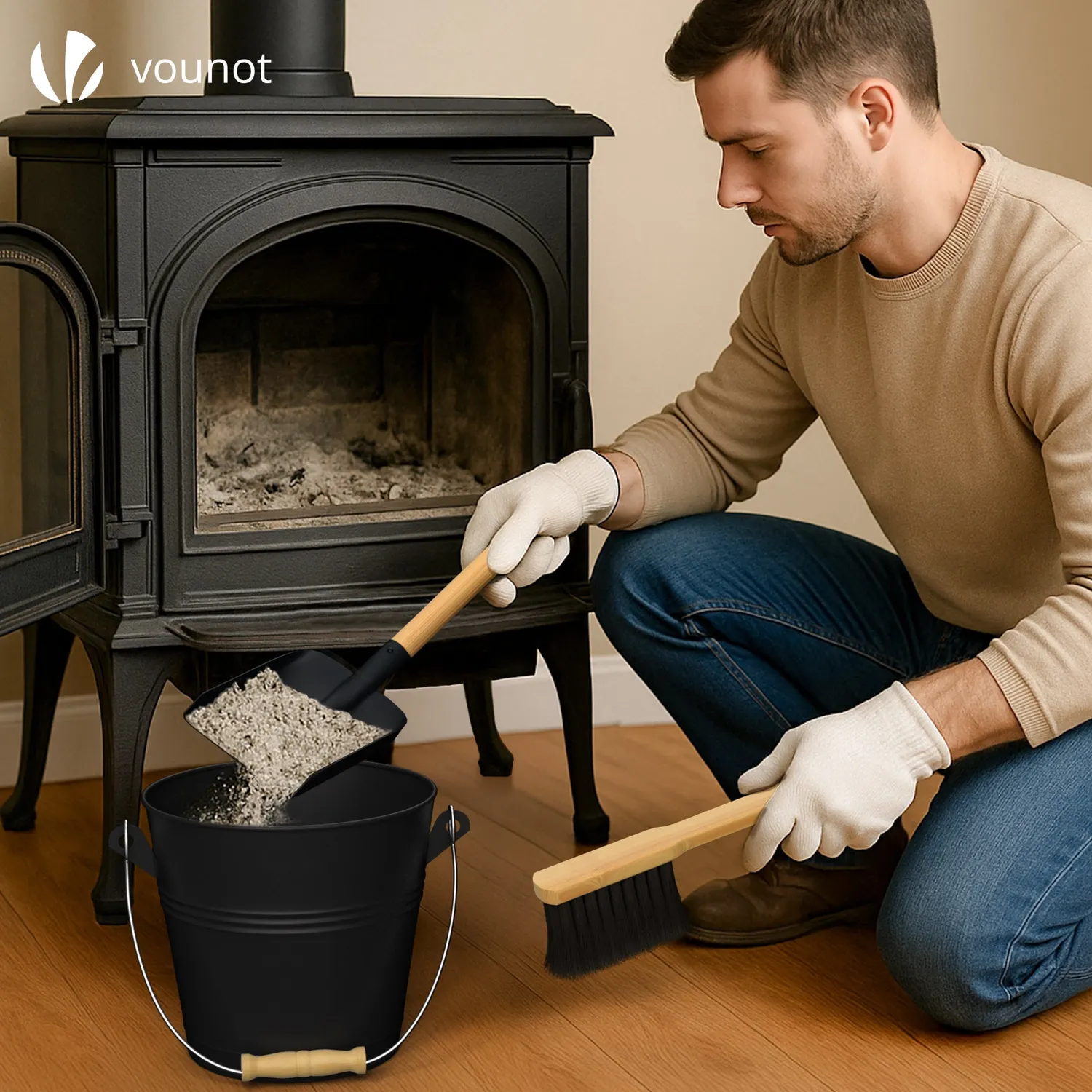 VOUNOT Secchio Cenere Metallo Nero 5L con Paletta