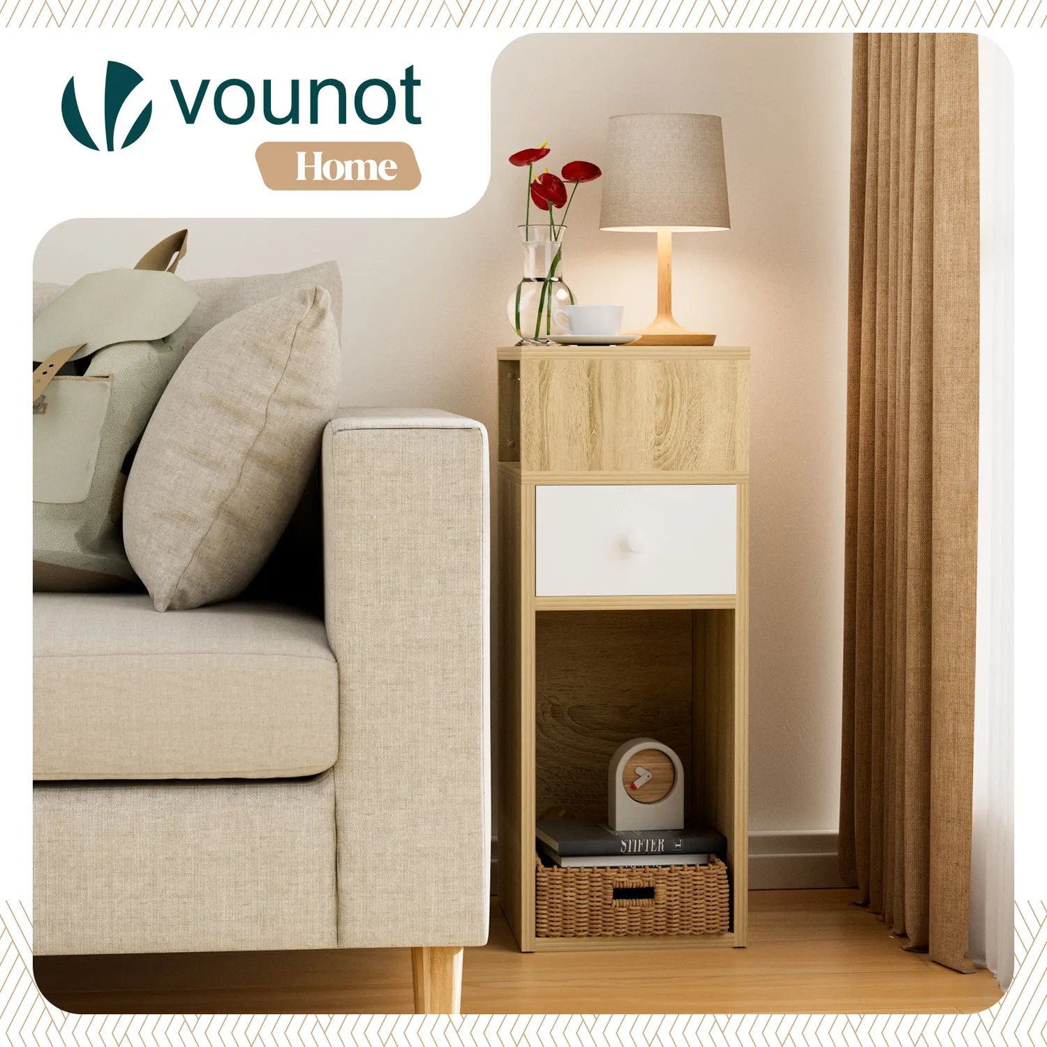 VOUNOT Comodino legno 25x30x66cm naturale con cassetto