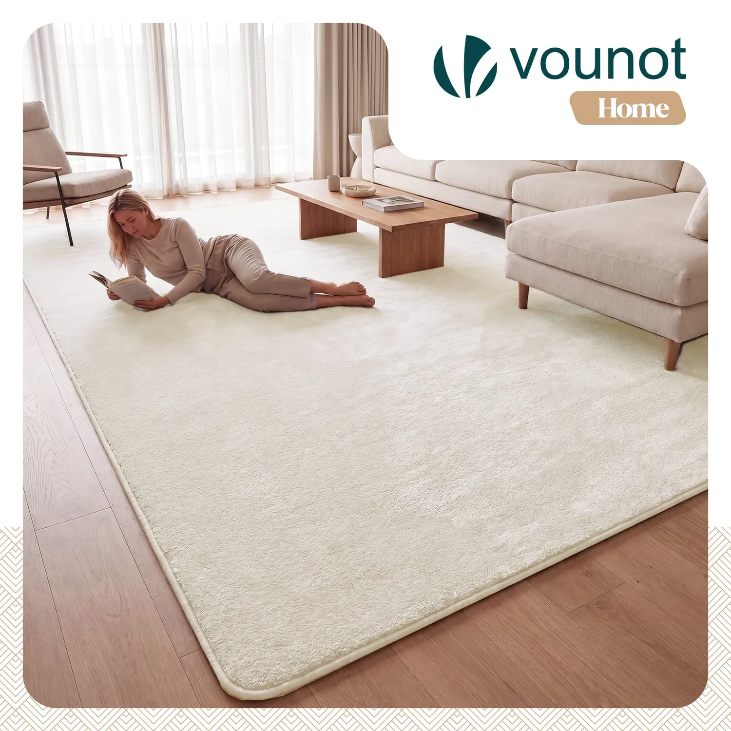 Vounot tappeto salotto pelo raso crema 240x340 cm morbido
