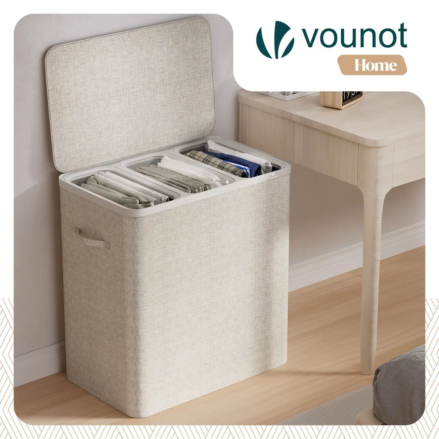 VOUNOT Cesto biancheria 3 scomparti 170L beige con coperchio
