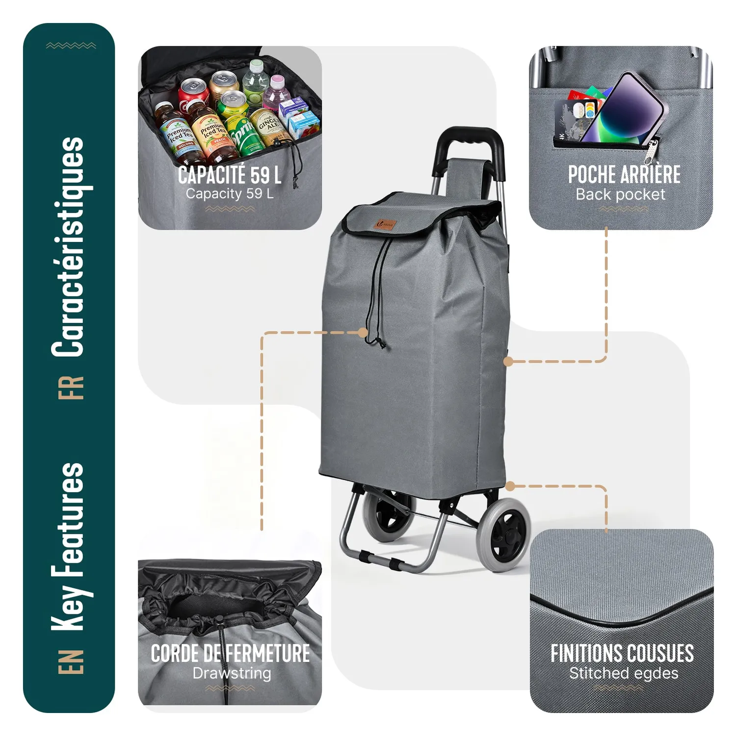 VOUNOT Carrello spesa pieghevole grigio 2 ruote 59L