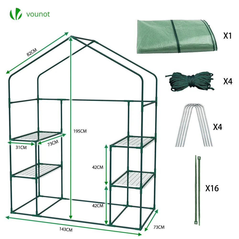 VOUNOT Serra giardino 143x73x195 verde con ripiani