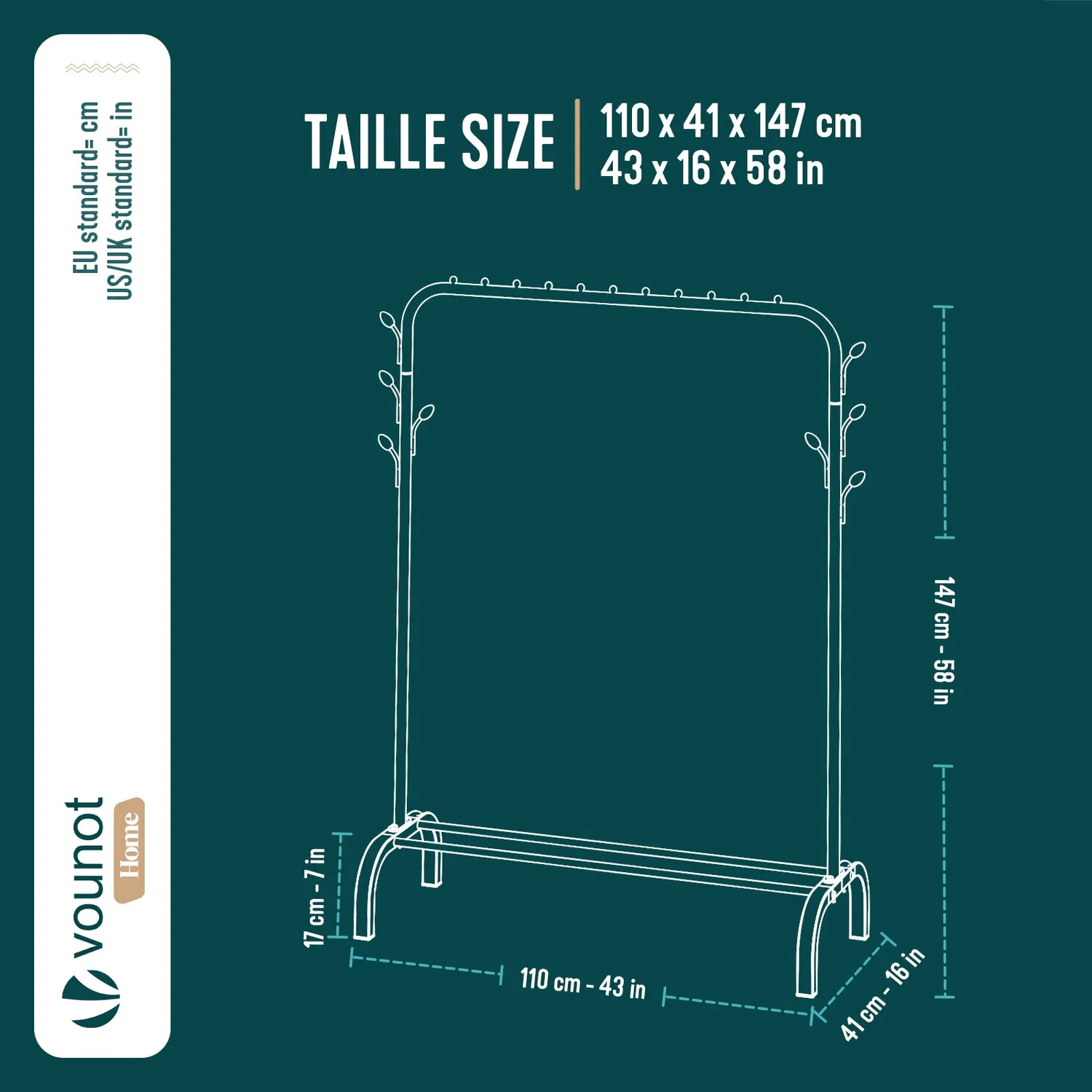 VOUNOT Stender Appendiabiti 110x41x147cm Nero 25kg