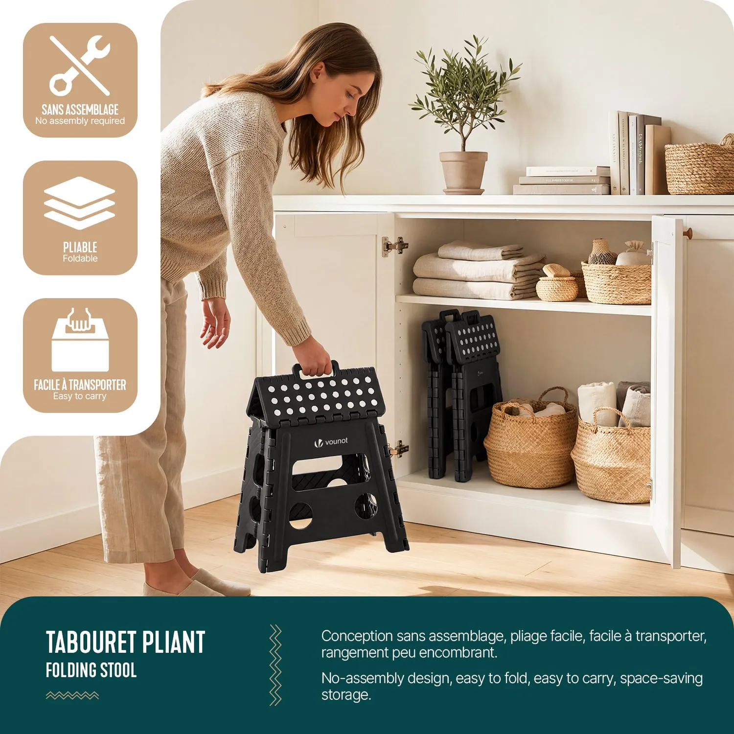 VOUNOT Sgabello Pieghevole Nero 37x30 cm Antiscivolo