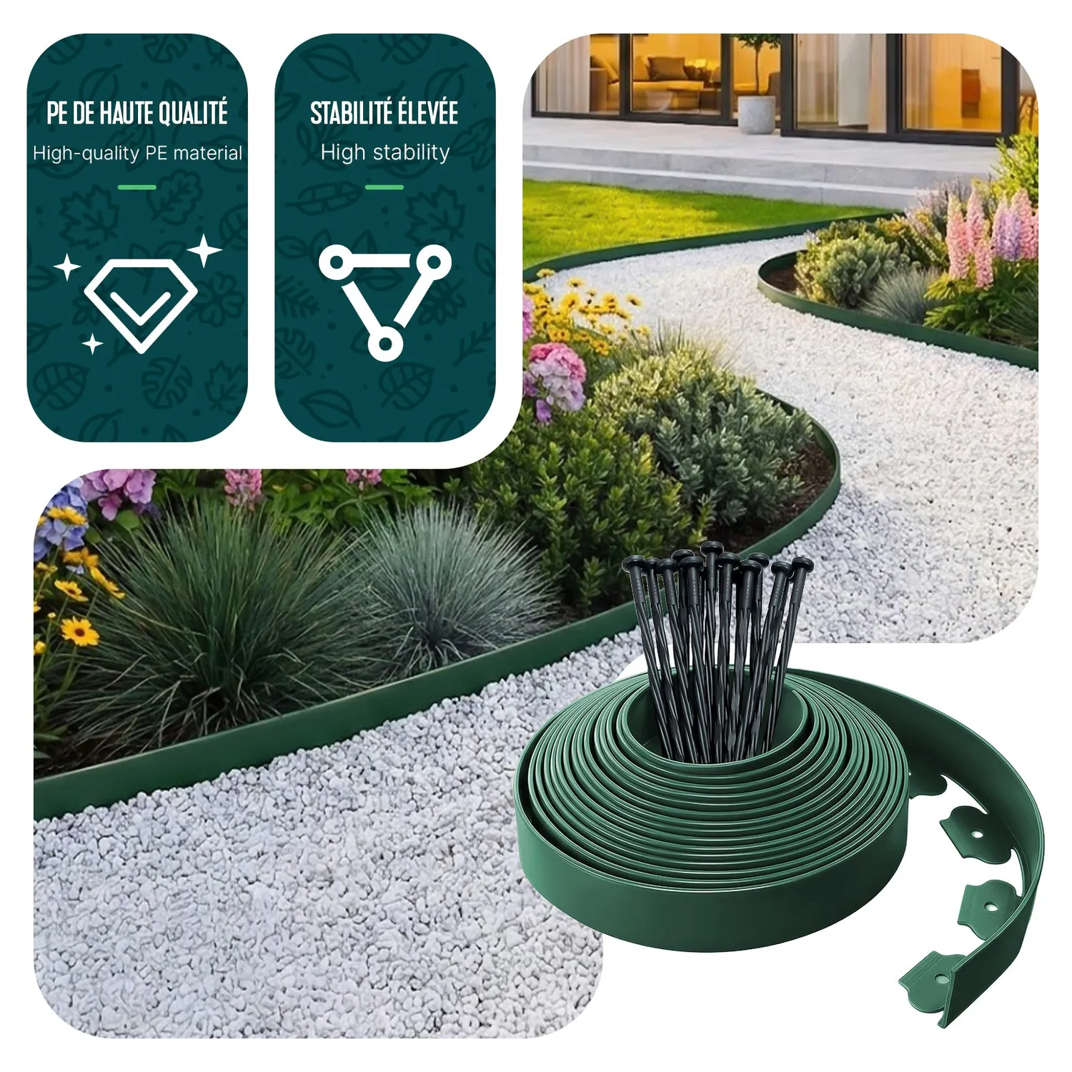 Vounot bordura giardino flessibile 10 m verde picchetti
