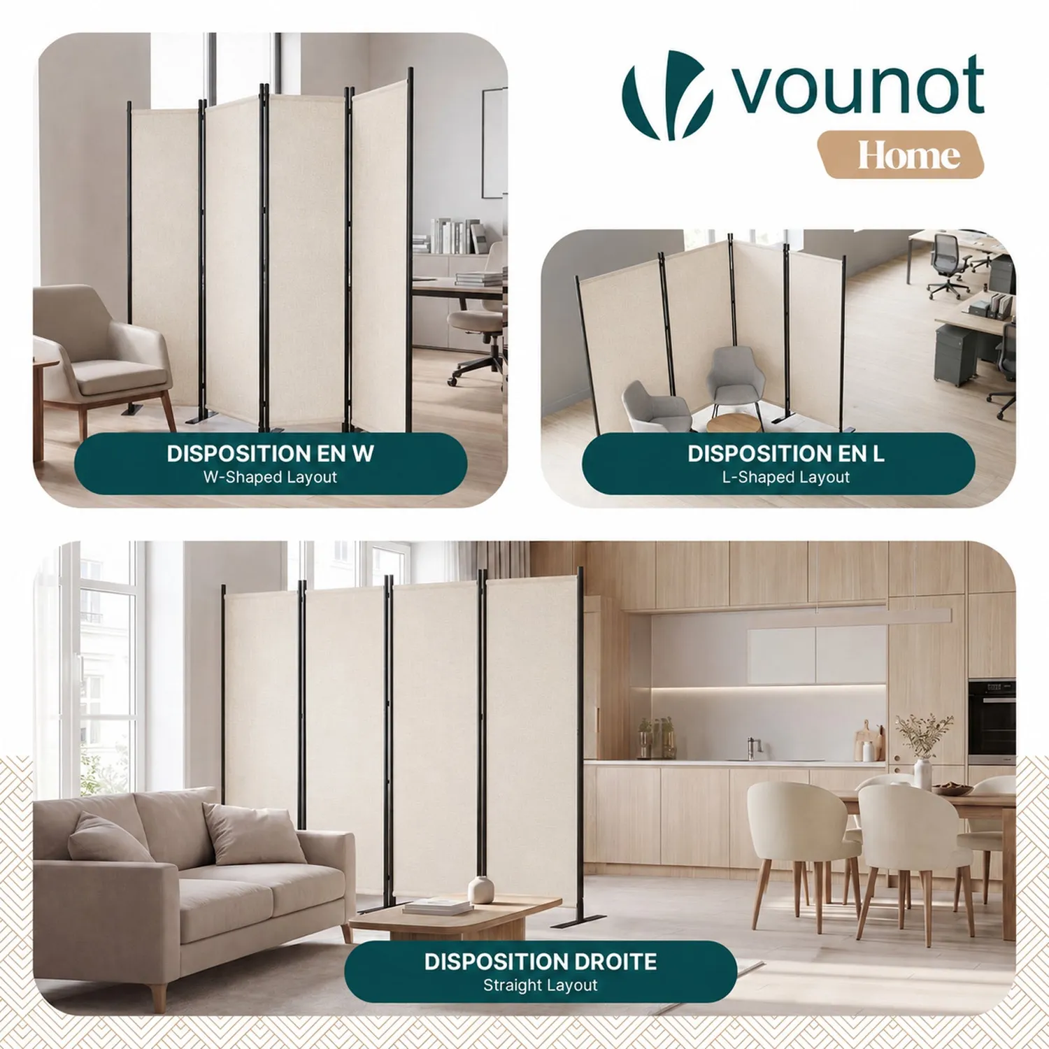 VOUNOT Paravento Interno 4 Pannelli 228cm Beige Pieghevole