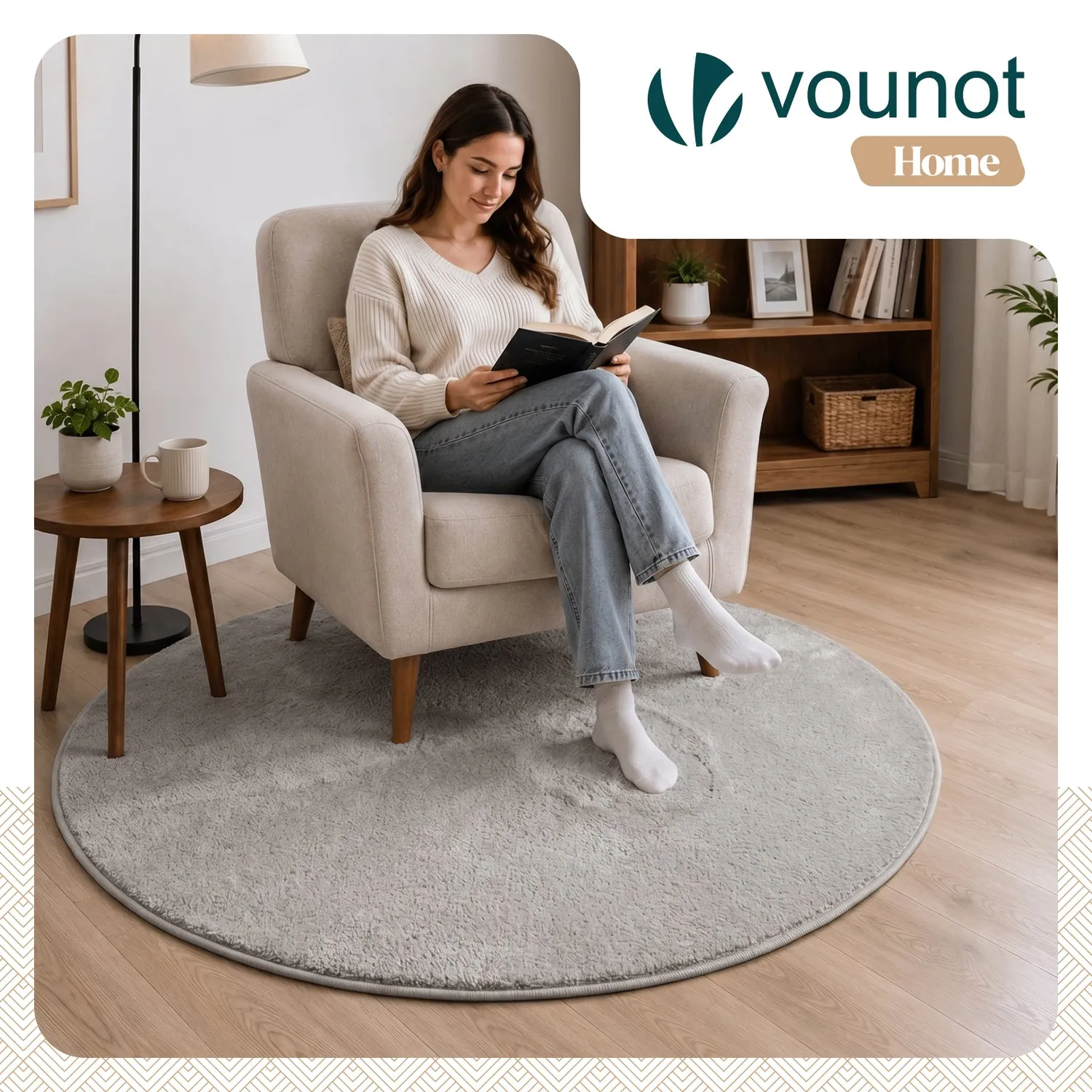 Vounot Tappeto Rotondo 120cm Grigio Pelo Corto Antiscivolo