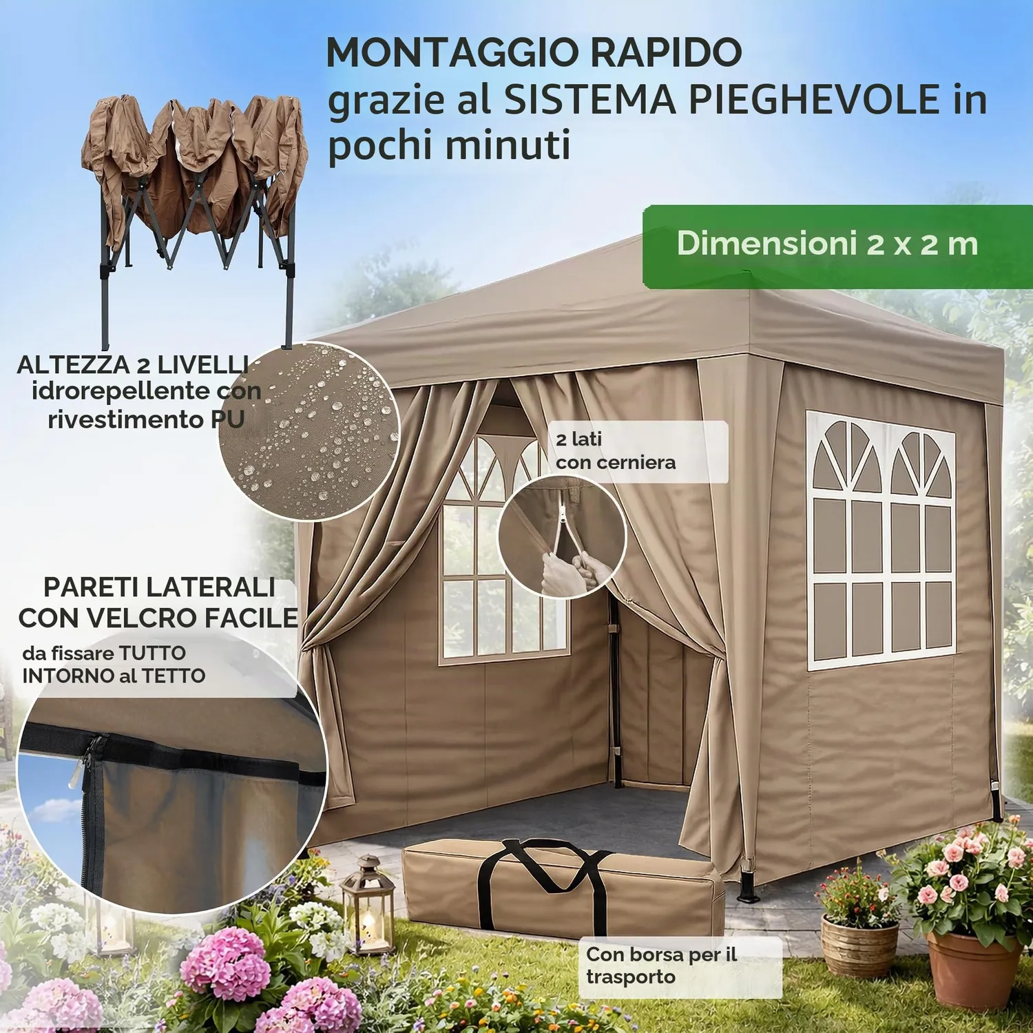 Quick Star 2x2 m Gazebo Pop-Up Beige con 4 Pareti