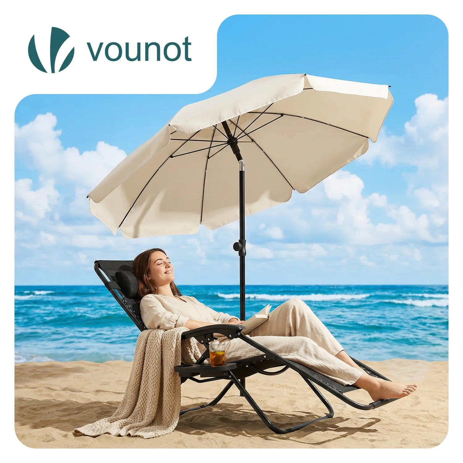 Vounot ombrellone da esterno 2 m beige UV50+ con picchetto