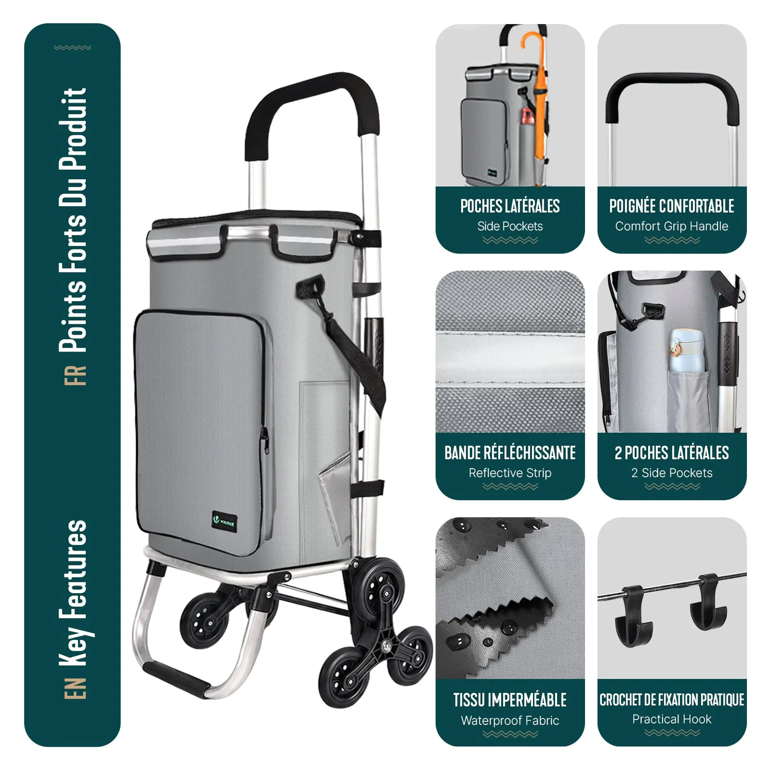 Vounot carrello spesa saliscale pieghevole alluminio grigio 50 L