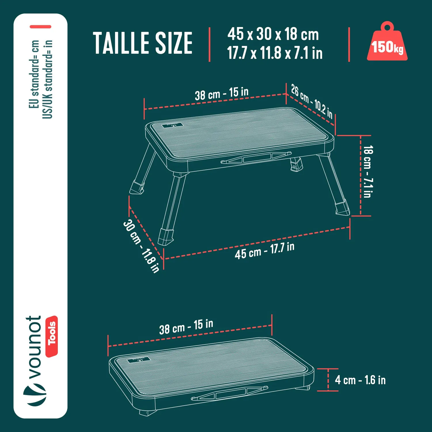 VOUNOT scalino pieghevole acciaio bianco 150kg