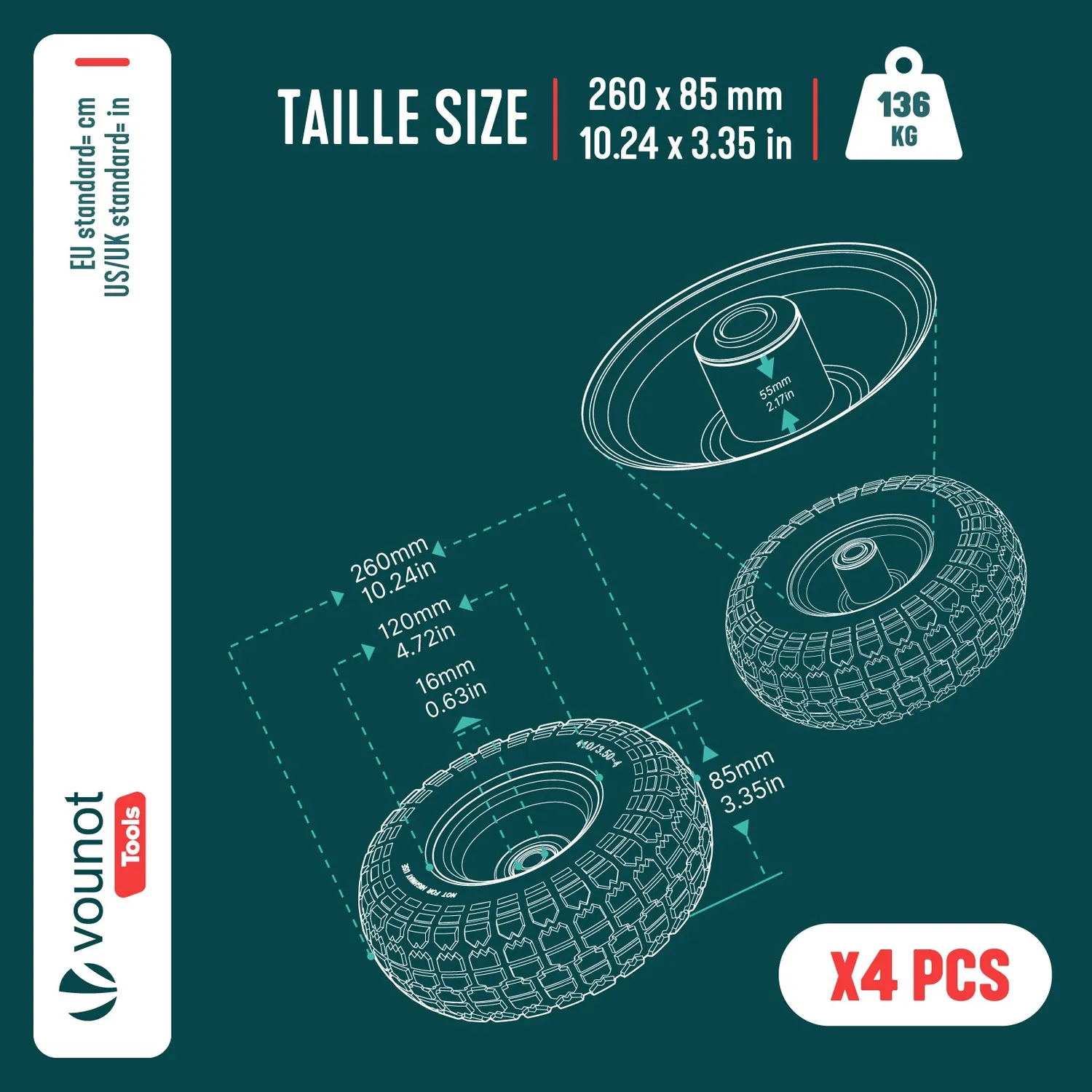 VOUNOT 3.50-4 ruota piena carriola PU 16 mm set 4 gialle