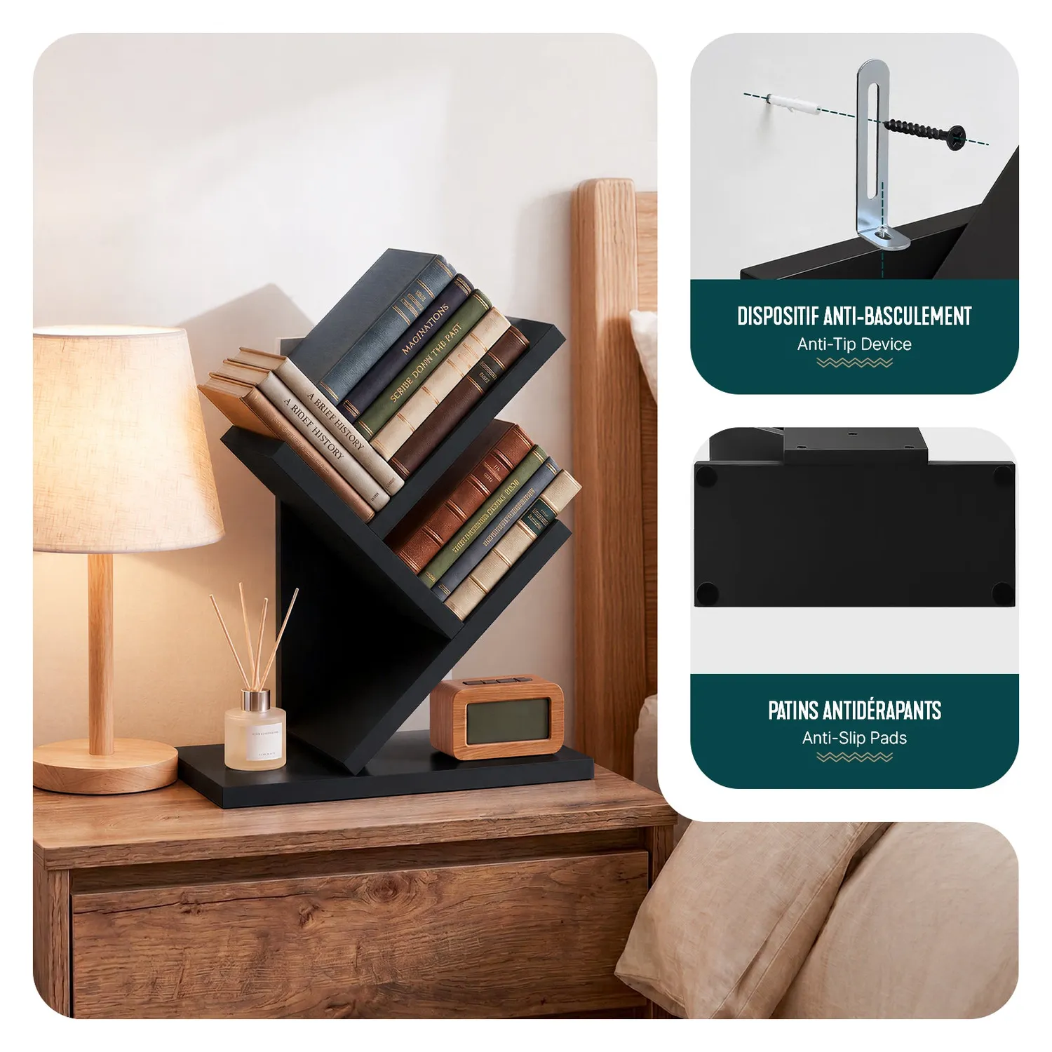 VOUNOT Albero Libreria Scaffale 30x16x40,5 cm Nero compatto