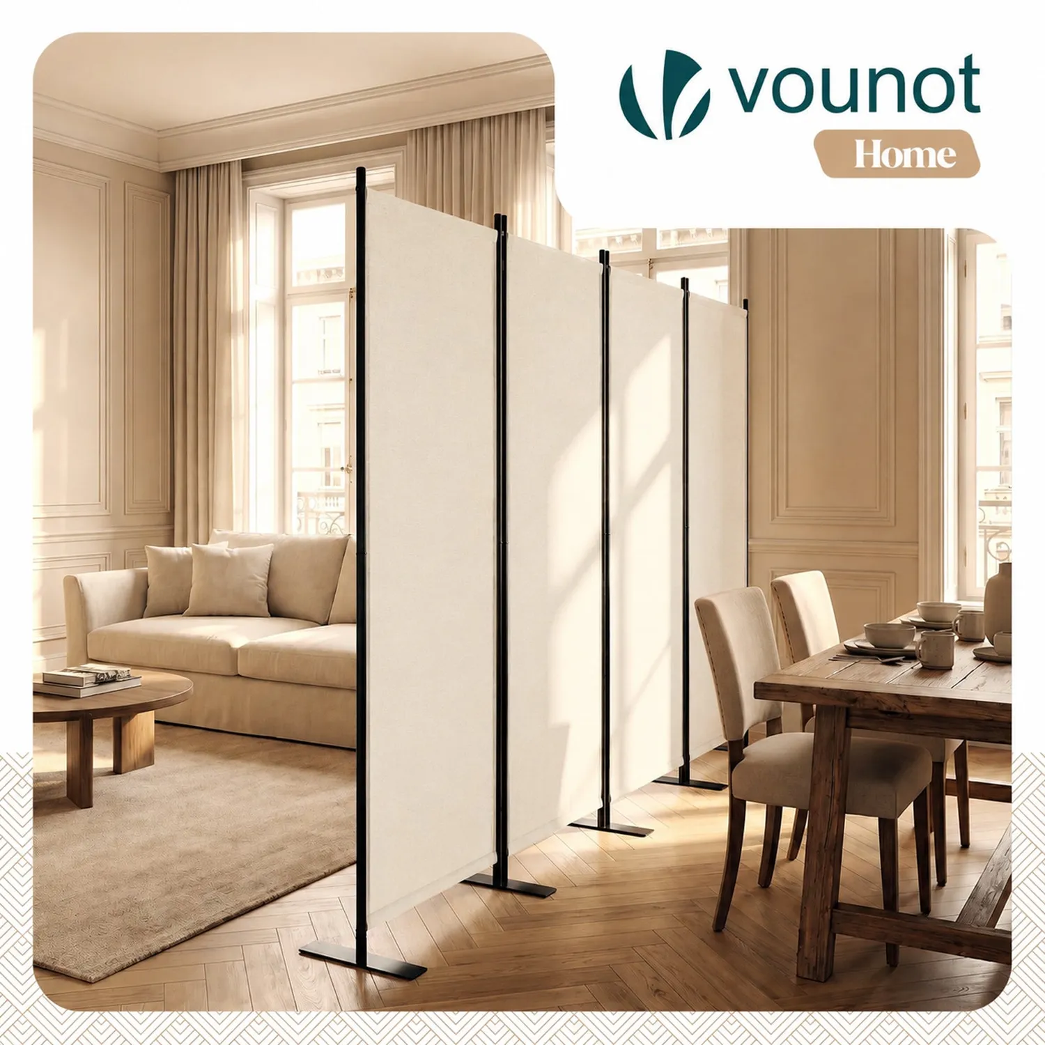 VOUNOT Paravento Interno 4 Pannelli 228cm Beige Pieghevole