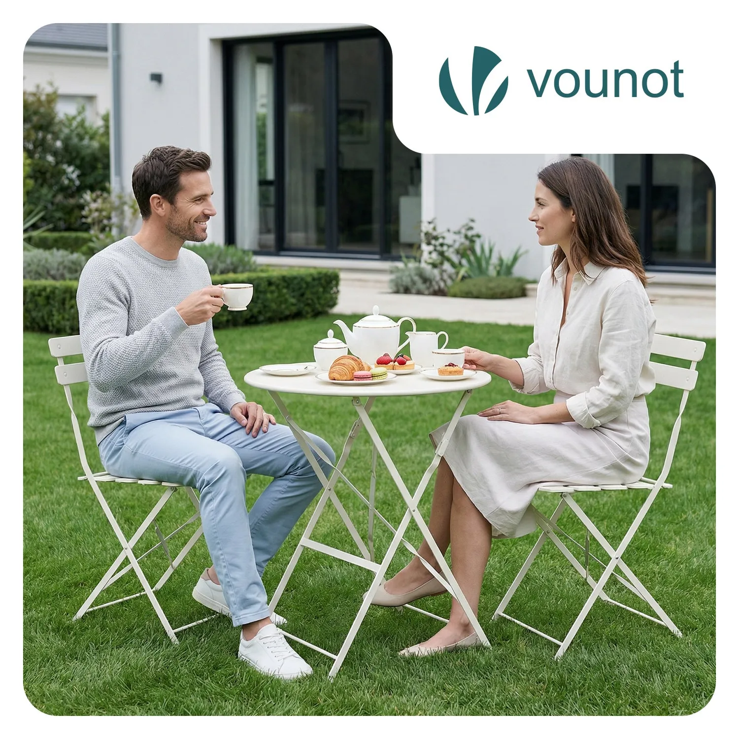 VOUNOT Set Bistrot Metallo Pieghevole Crema 3 Pezzi