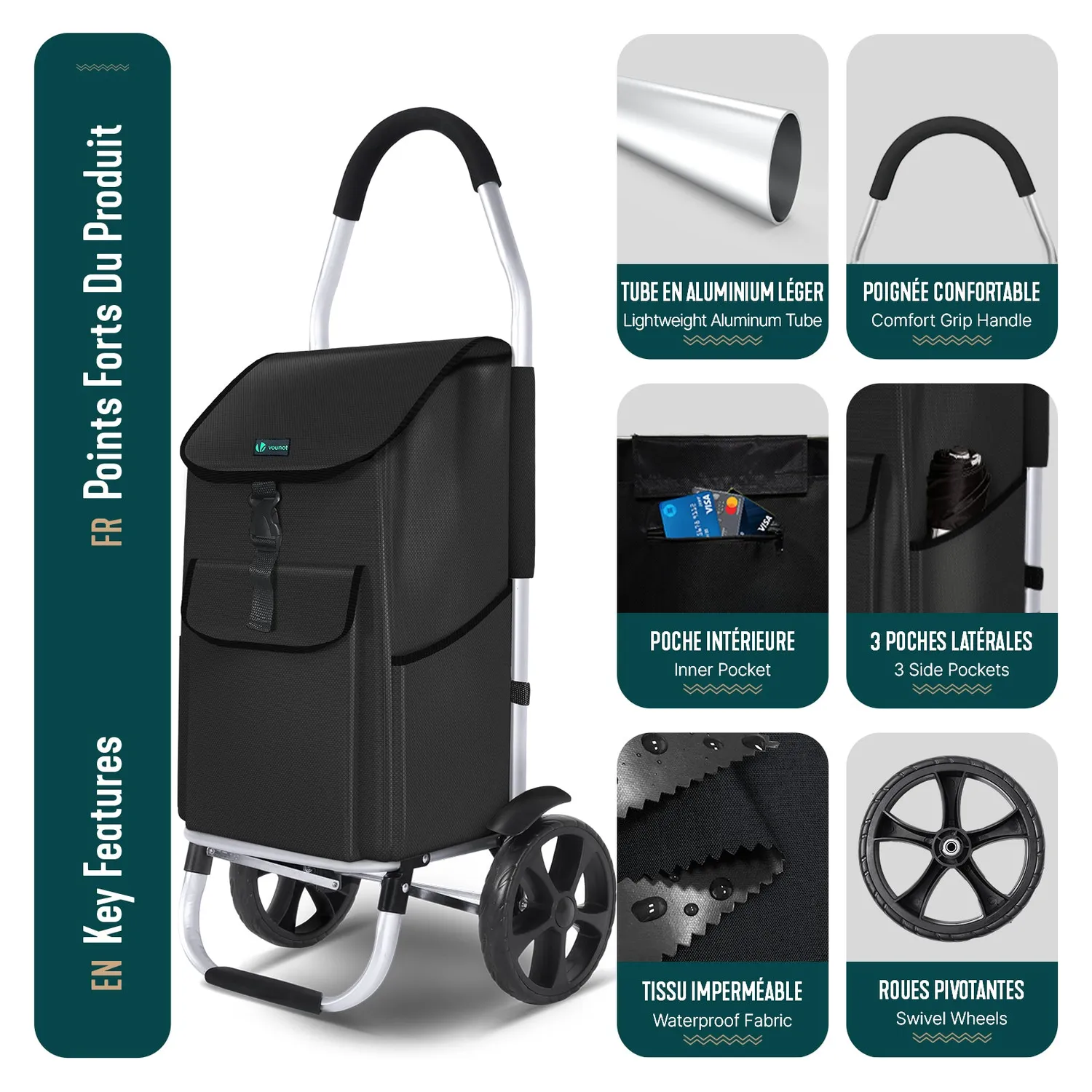 VOUNOT Carrello spesa pieghevole alluminio nero 58 L 40 kg