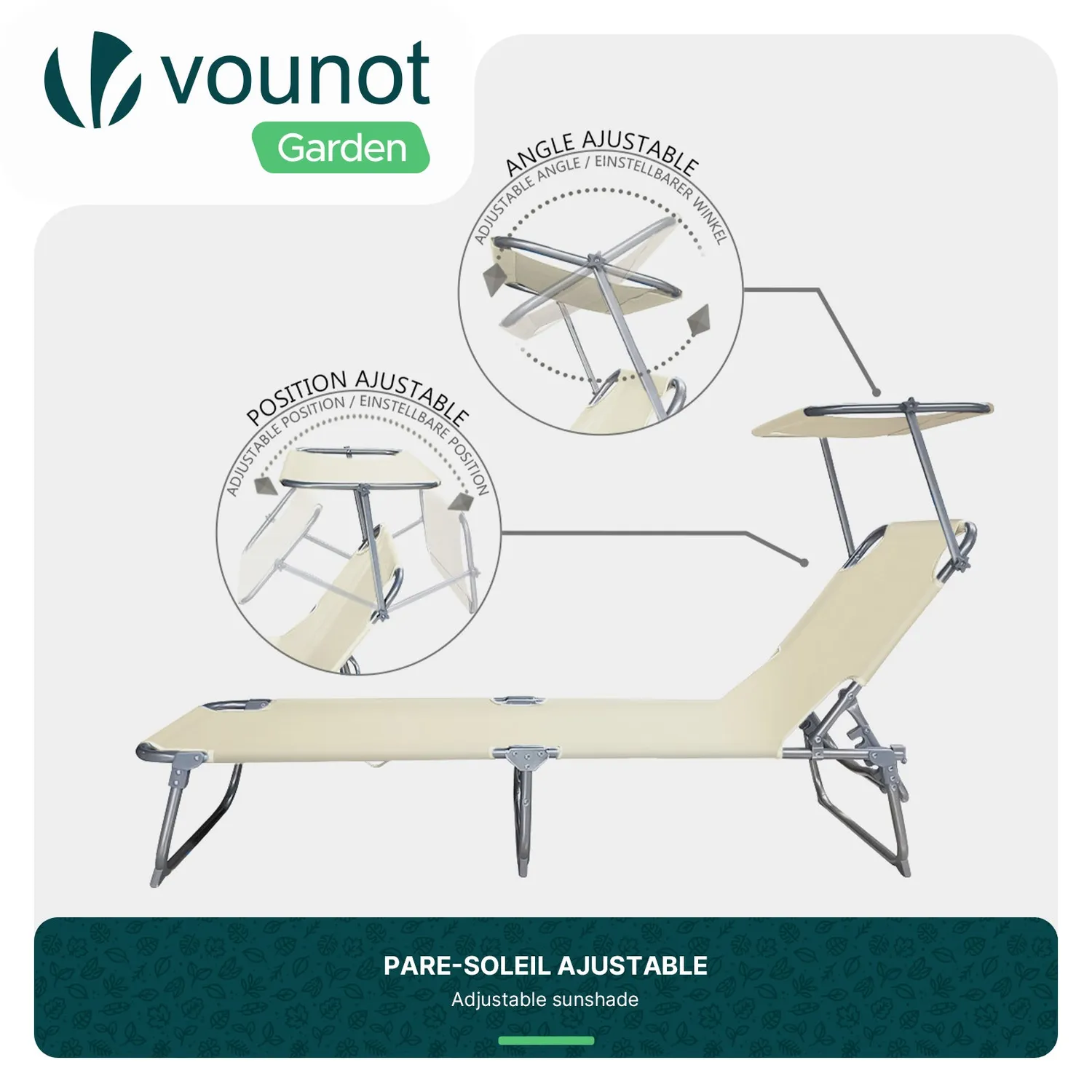 VOUNOT Lettino sdraio con parasole beige set 2 pezzi
