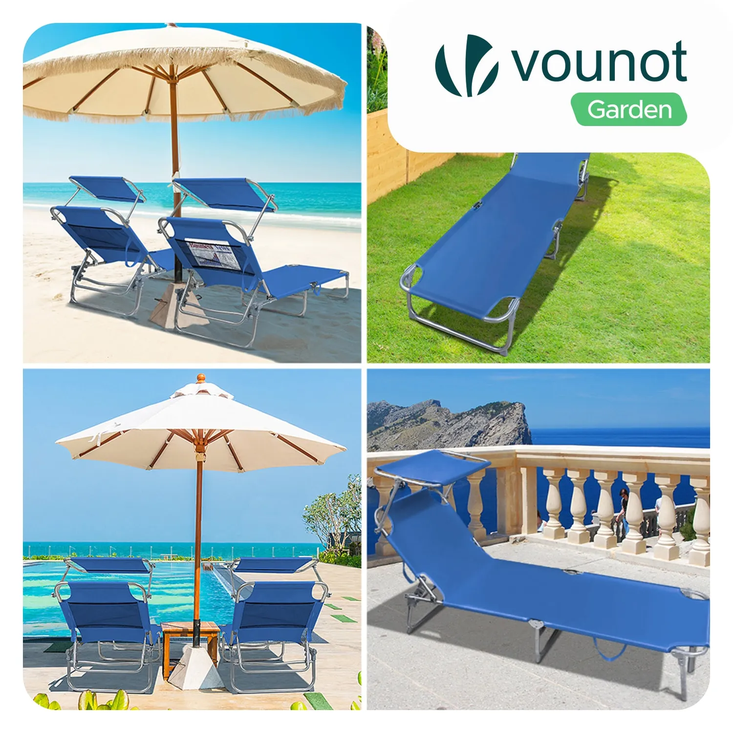 Vounot lettini prendisole pieghevoli blu 2 pezzi con parasole