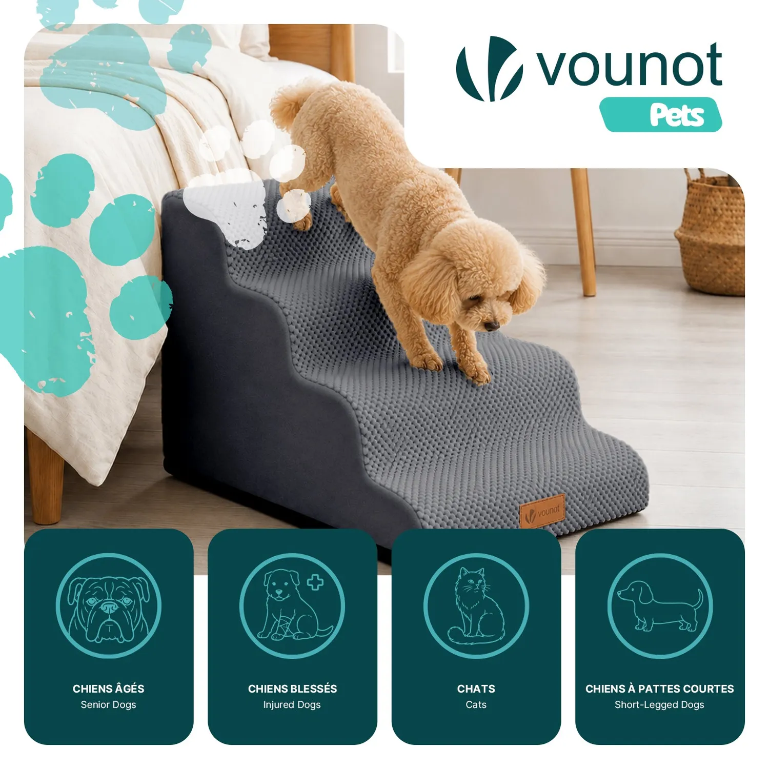 VOUNOT Scala per Cani 72x40x50cm Grigia 4 Gradini