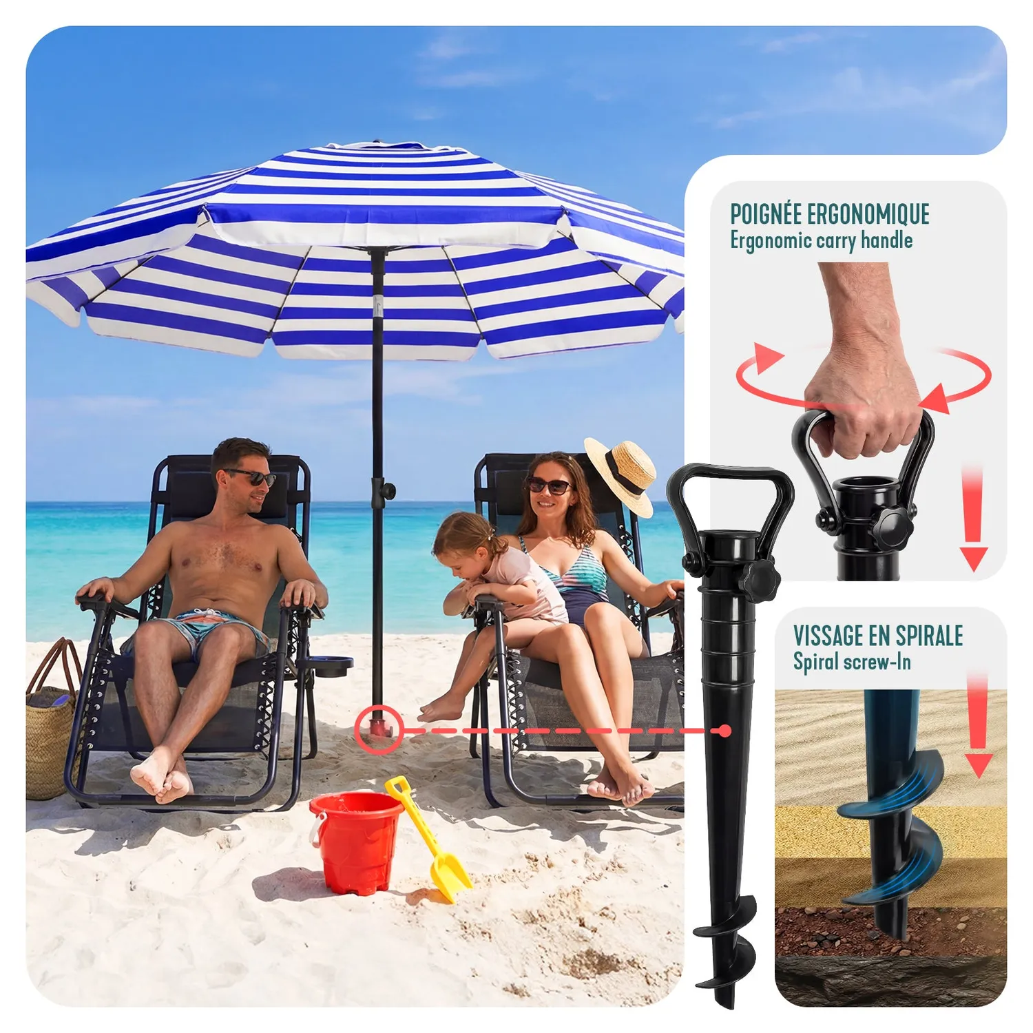 VOUNOT Ombrellone Spiaggia 2x2 m Blu Bianco UV50+