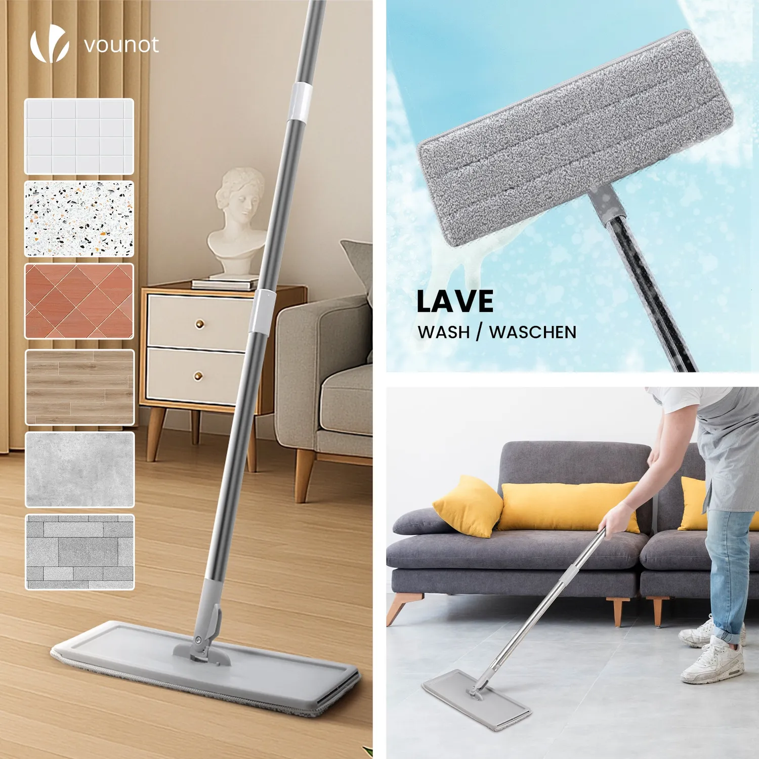 VOUNOT mocio piatto con secchio grigio 6 panni doppio scomparto