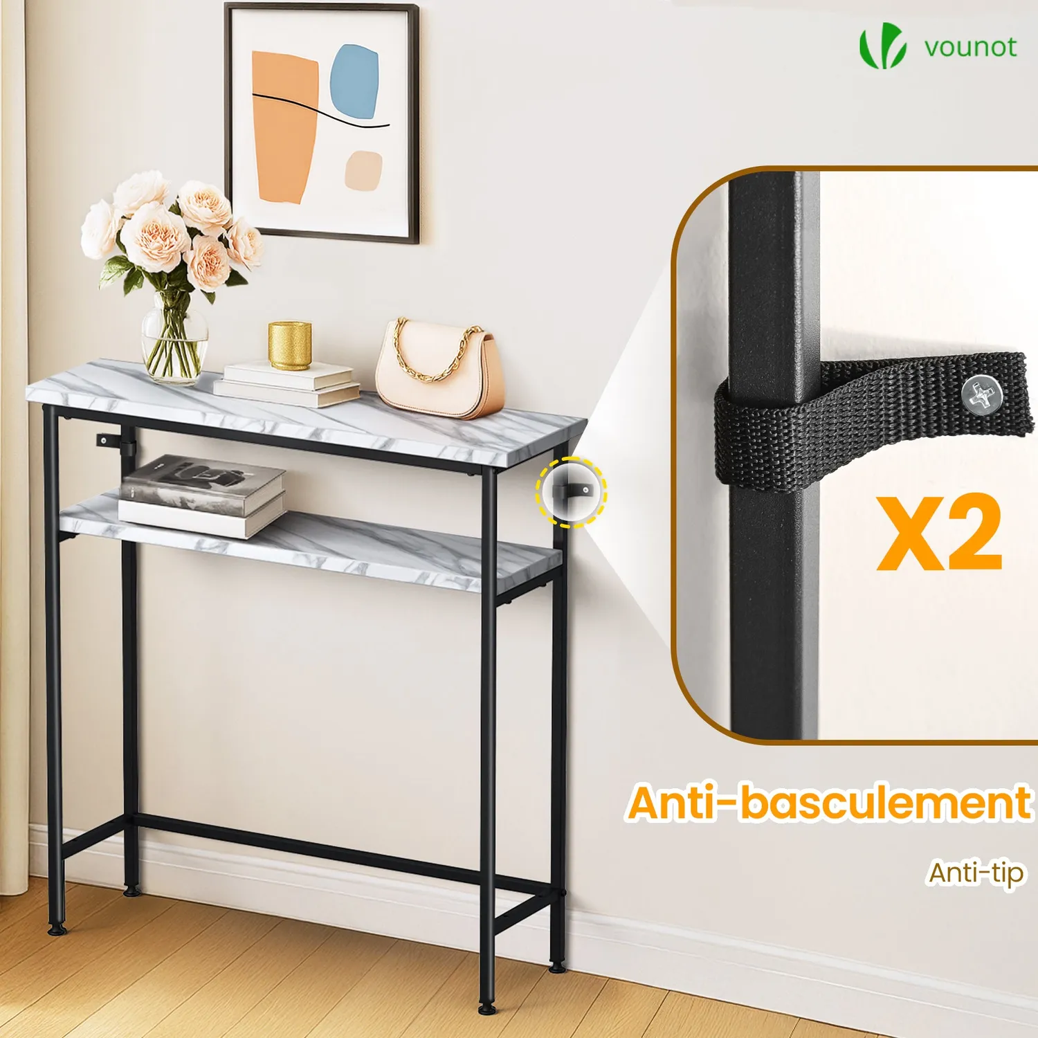 VOUNOT consolle ingresso 80x24x80 cm Bianca 2 ripiani