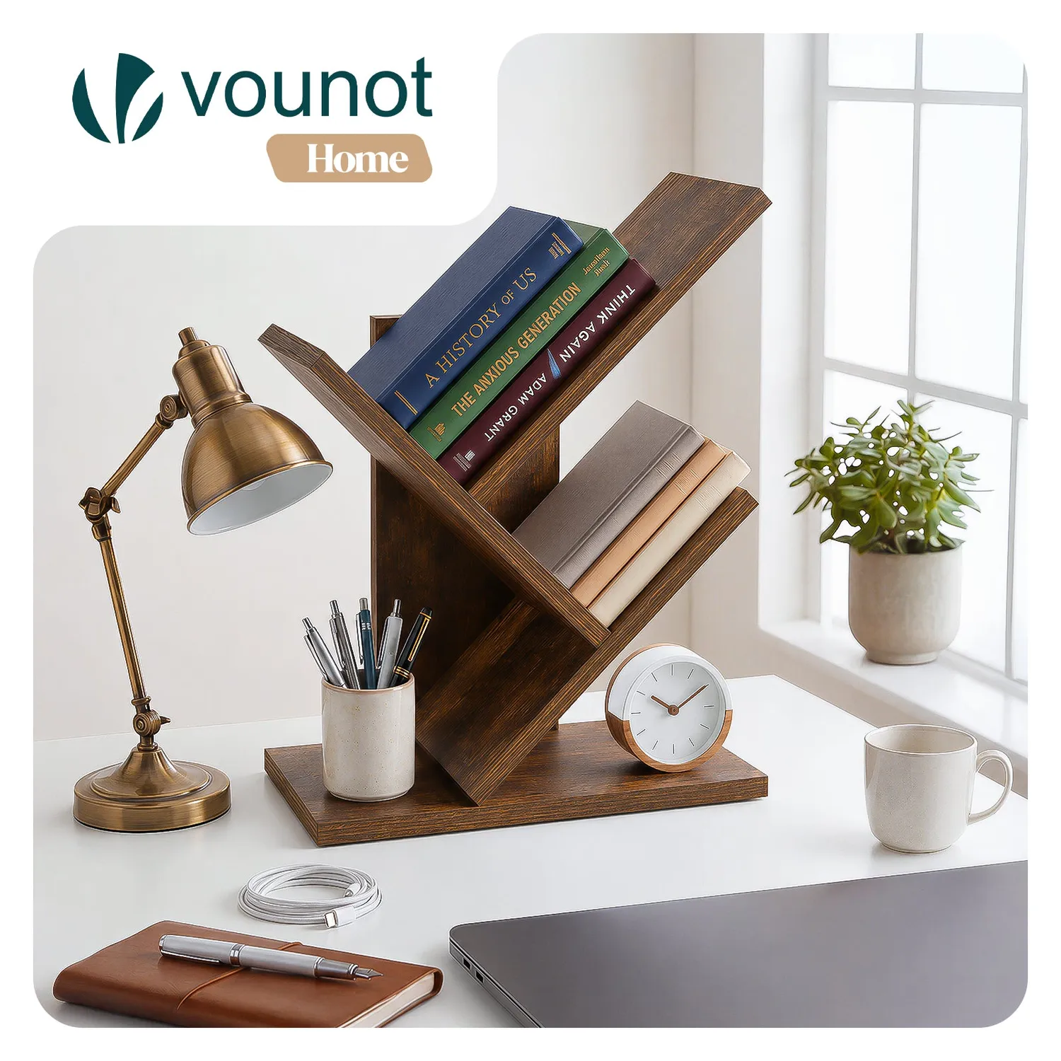 VOUNOT Mini libreria albero 2 ripiani 30x16x40,5cm marrone MDF