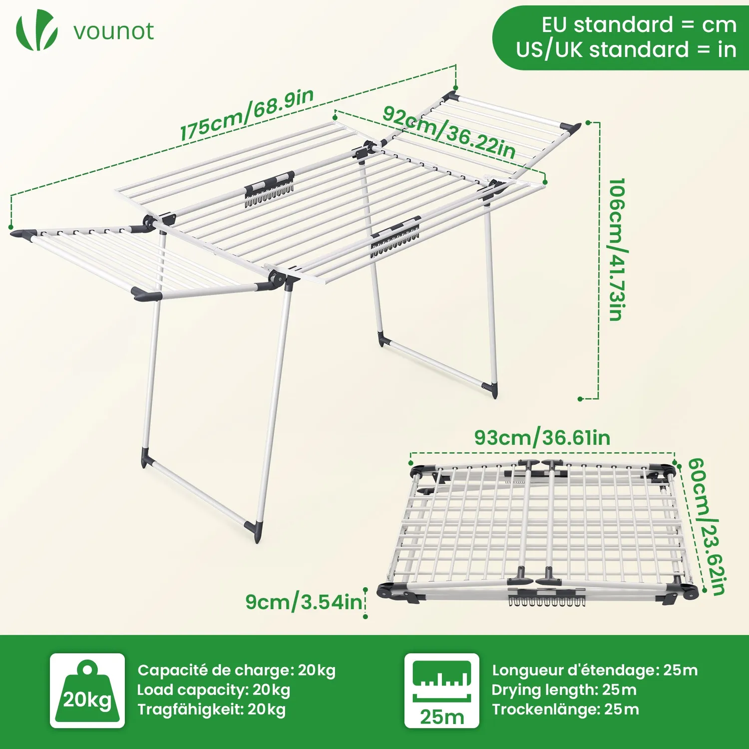 Vounot Stendibiancheria ad Ali 175x92cm Bianco 20kg