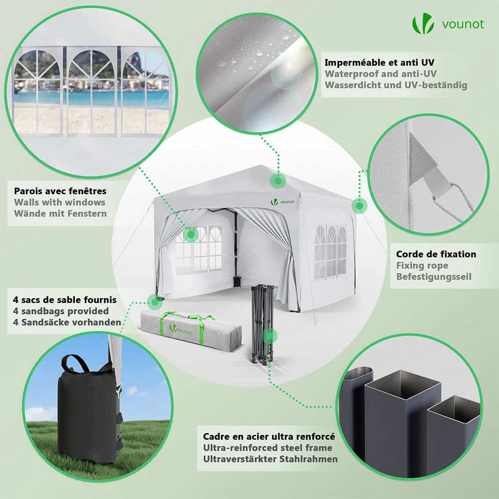 Vounot Gazebo Pieghevole 3x3m Bianco con Pareti e Finestre