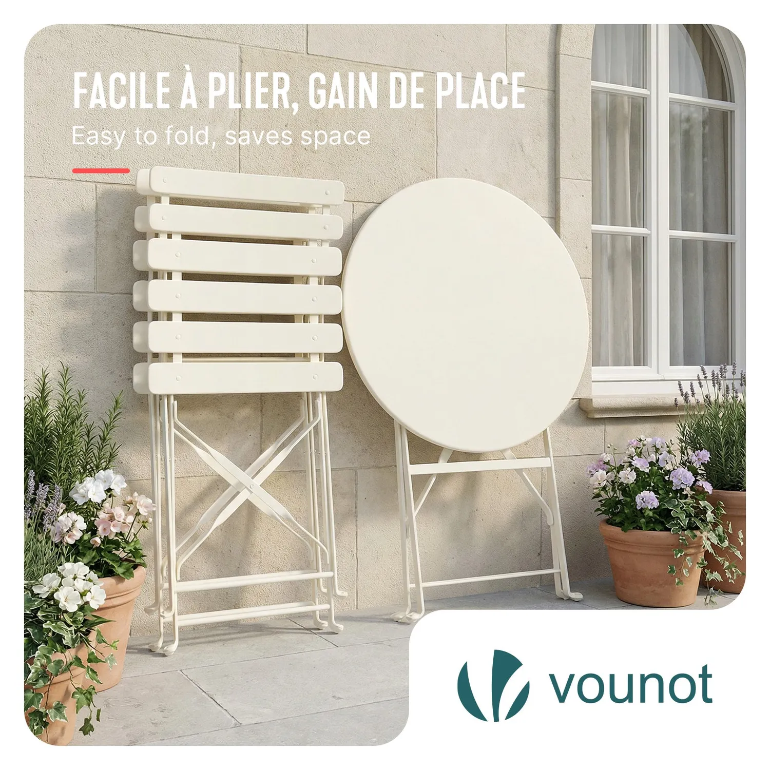VOUNOT Set Bistrot Metallo Pieghevole Crema 3 Pezzi