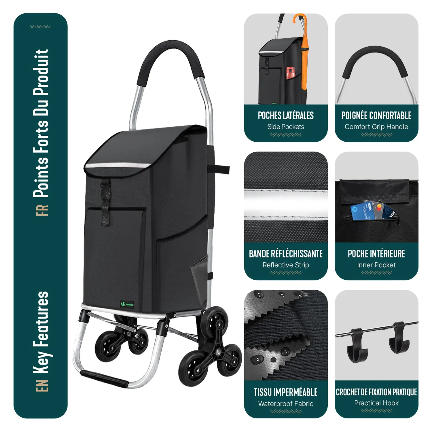 VOUNOT Carrello spesa scala 45L nero 40kg