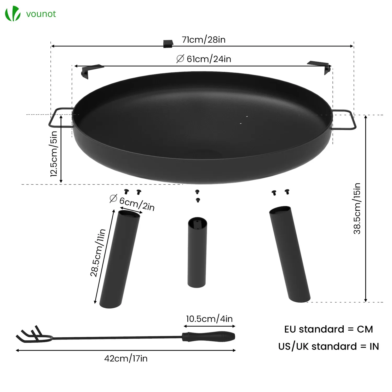 Vounot Braciere da Esterno Metallo Ø60 cm Griglia Nero 600°C