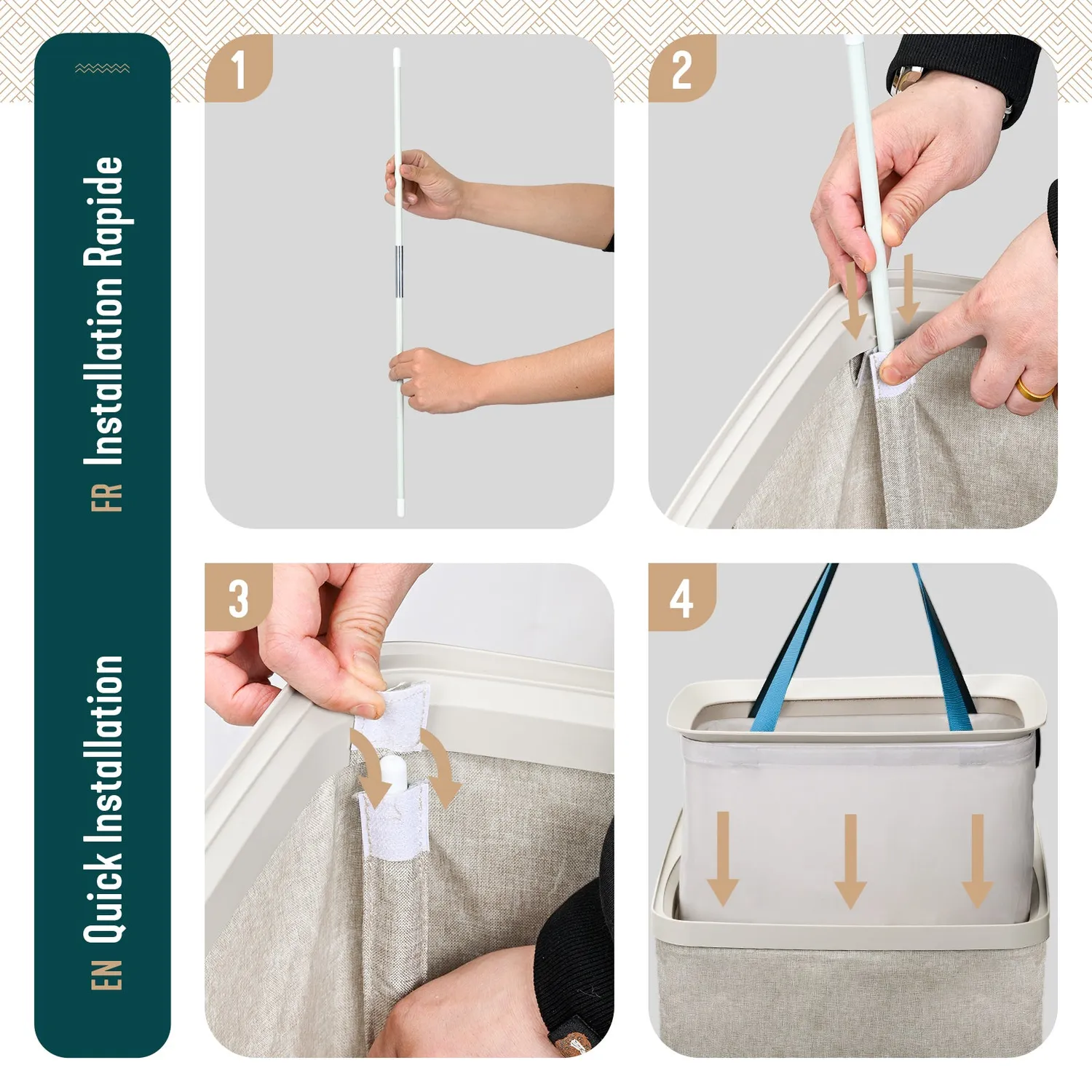 Vounot cesto portabiancheria 150L beige 2 scomparti