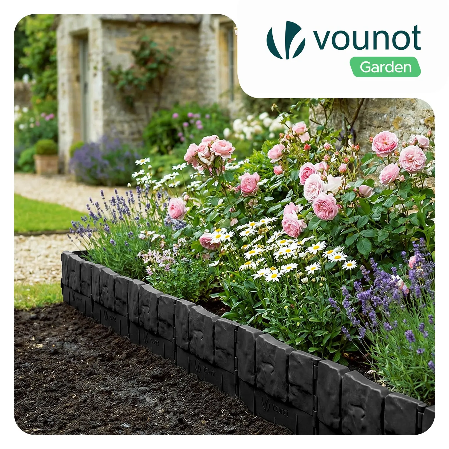 VOUNOT Bordura Giardino Effetto Pietra Nera 10,7 m 70 Pezzi