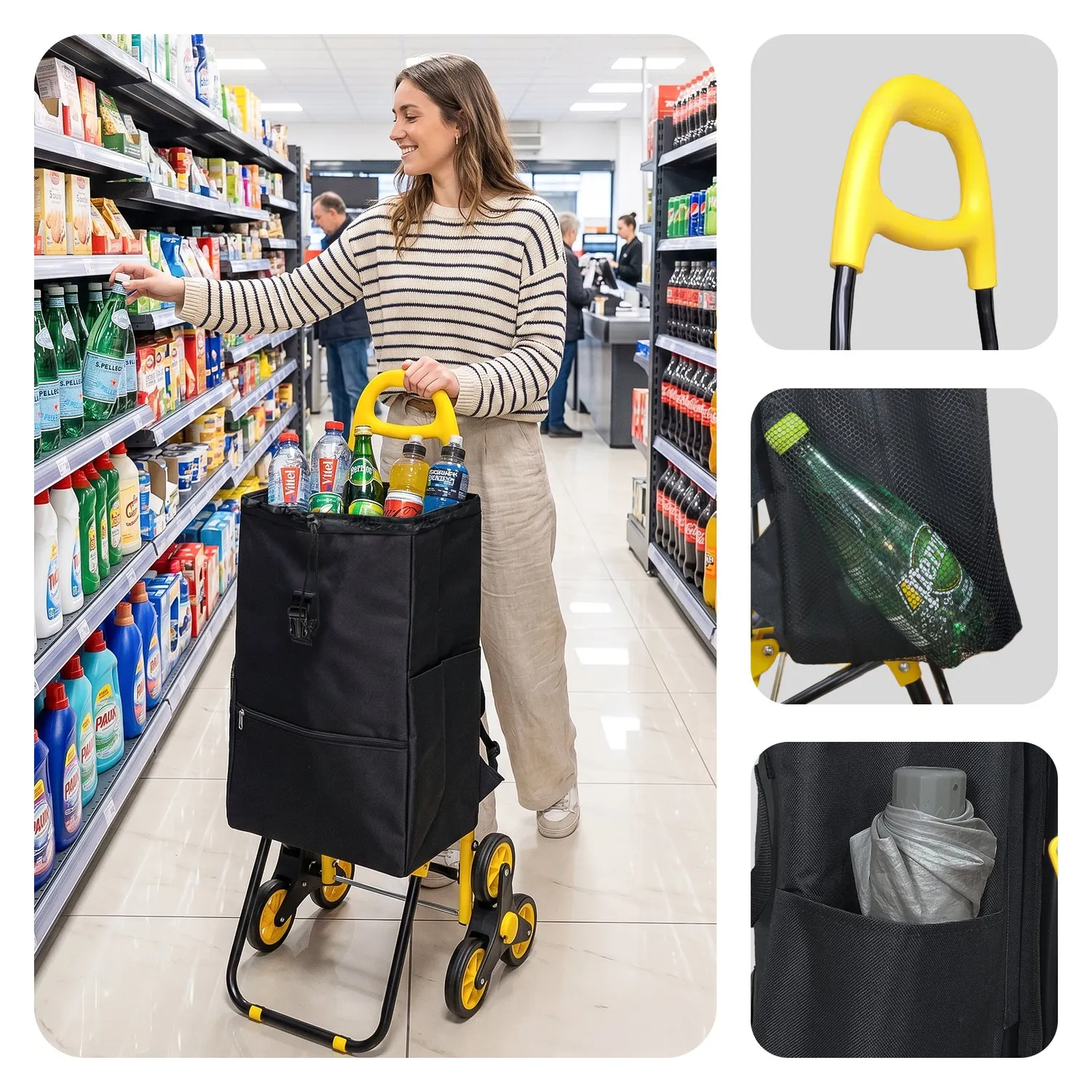 VOUNOT Carrello Spesa Pieghevole Giallo 40L con seduta