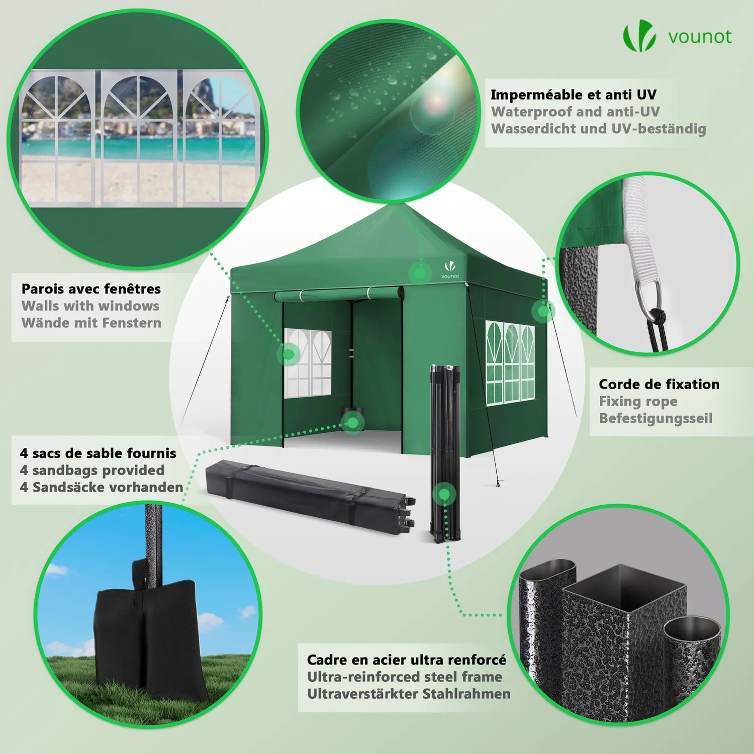 Vounot gazebo pieghevole 3x3m verde con 4 pareti rinforzato