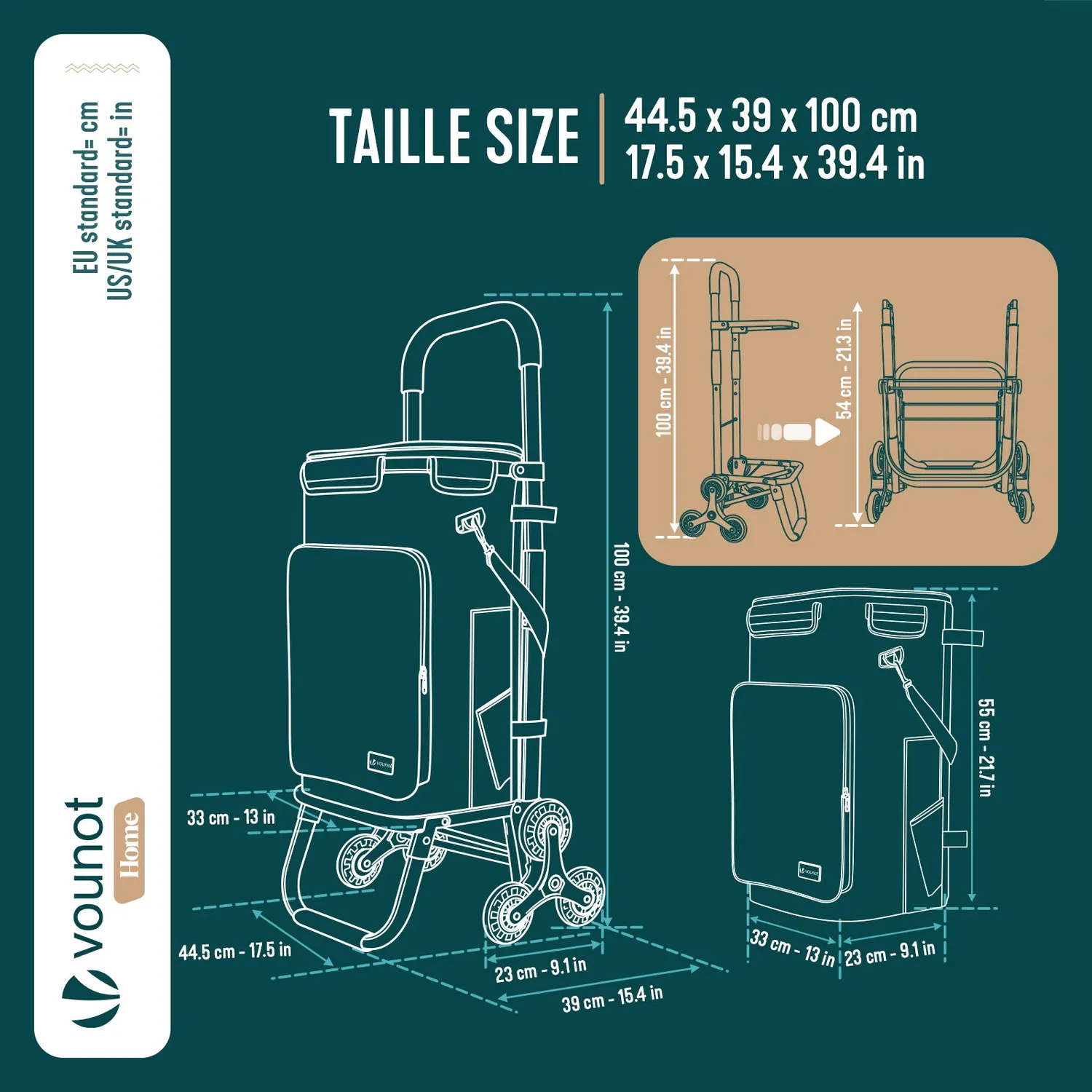 Vounot carrello spesa pieghevole 50L nero 40kg 6 ruote